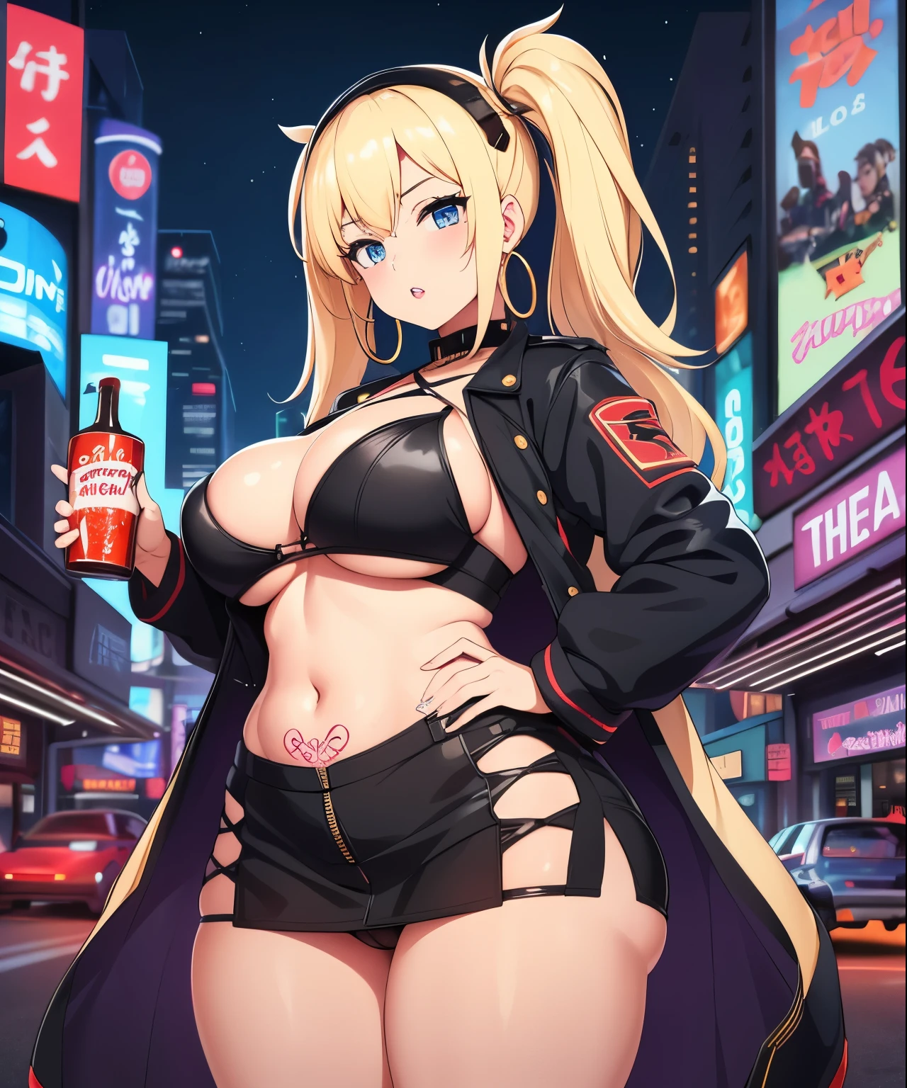 1girl, (((bimbo))),hoop earrings, puffy lips, painted lips, thick lips.
blonde hair, short twintails, wide hips, thick thighs, bursting breasts Nightlife, Night city, Cyberpunk city, futuristic cityscape. Neon lights, (skyscraper:1.1), Tokyo tower, palm tree, cloth sign, ramen stall, night club. bright city lights, exotic car. alcohol, bar, ramen, soup stall ,alcohol bottles, stomach blush, nipple slip, rounded stomach, pubic tattoo, underbelly tattoo, BIMBO CO. Barcode tattoo