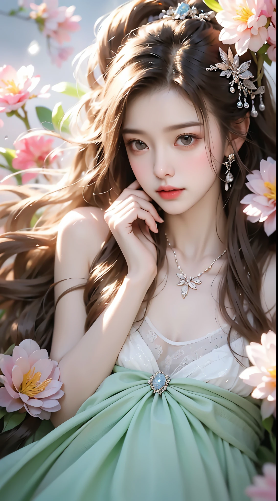 Sweet girl dress2,dress, One hand resting on his lips、头发周围有白色butterflys兰，Lilac dendrobium、orange lily、white lilies、1 girl in、Full body photo、White hair、floated hair、Hazy beauty、Have extremely beautiful facial features、Hairpin on the head、Lie in the flowers、Drag your chin with both hands、perfect hand、rosette、(springtime、raining day、butterflys、precipice)、 vectorial art、Chinese contemporary art、softlighting、intertwined scarves、looking-down