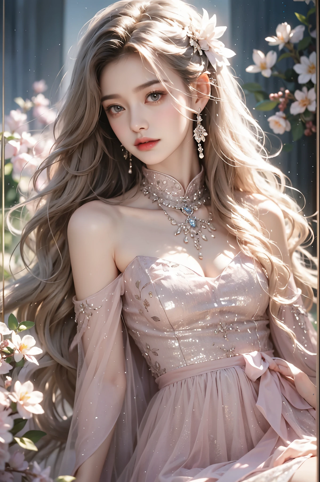 dress, One hand resting on his lips、头发周围有白色butterflys兰，Lilac dendrobium、orange lily、white lilies、1 girl in、Full body photo、White hair、floated hair、Hazy beauty、Have extremely beautiful facial features、Hairpin on the head、Lie in the flowers、Drag your chin with both hands、perfect hand、rosette、(springtime、raining day、butterflys、precipice)、 vectorial art、Chinese contemporary art、softlighting、intertwined scarves、looking-down