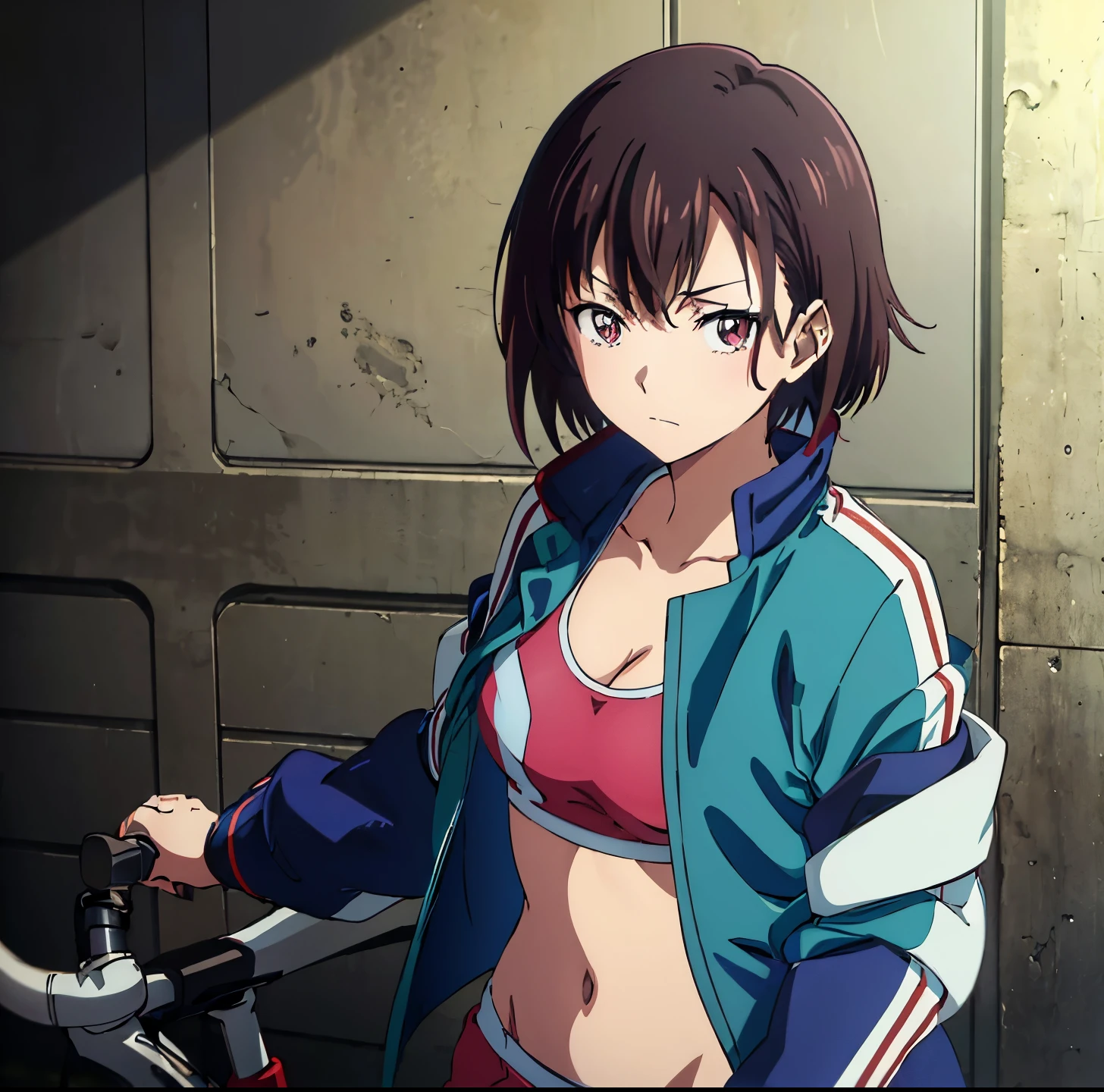 (((masutepiece))), Shizuka Crescent, 1girl in, Solo, Looking at Viewer, Short hair, Brown hair, Long sleeves, cleavage, medium breasts, Closed mouth, 鎖骨, Jacket, Open your clothes, Open jacket, Blue jacket, ground vehicle, Sports Bra, bicycle,