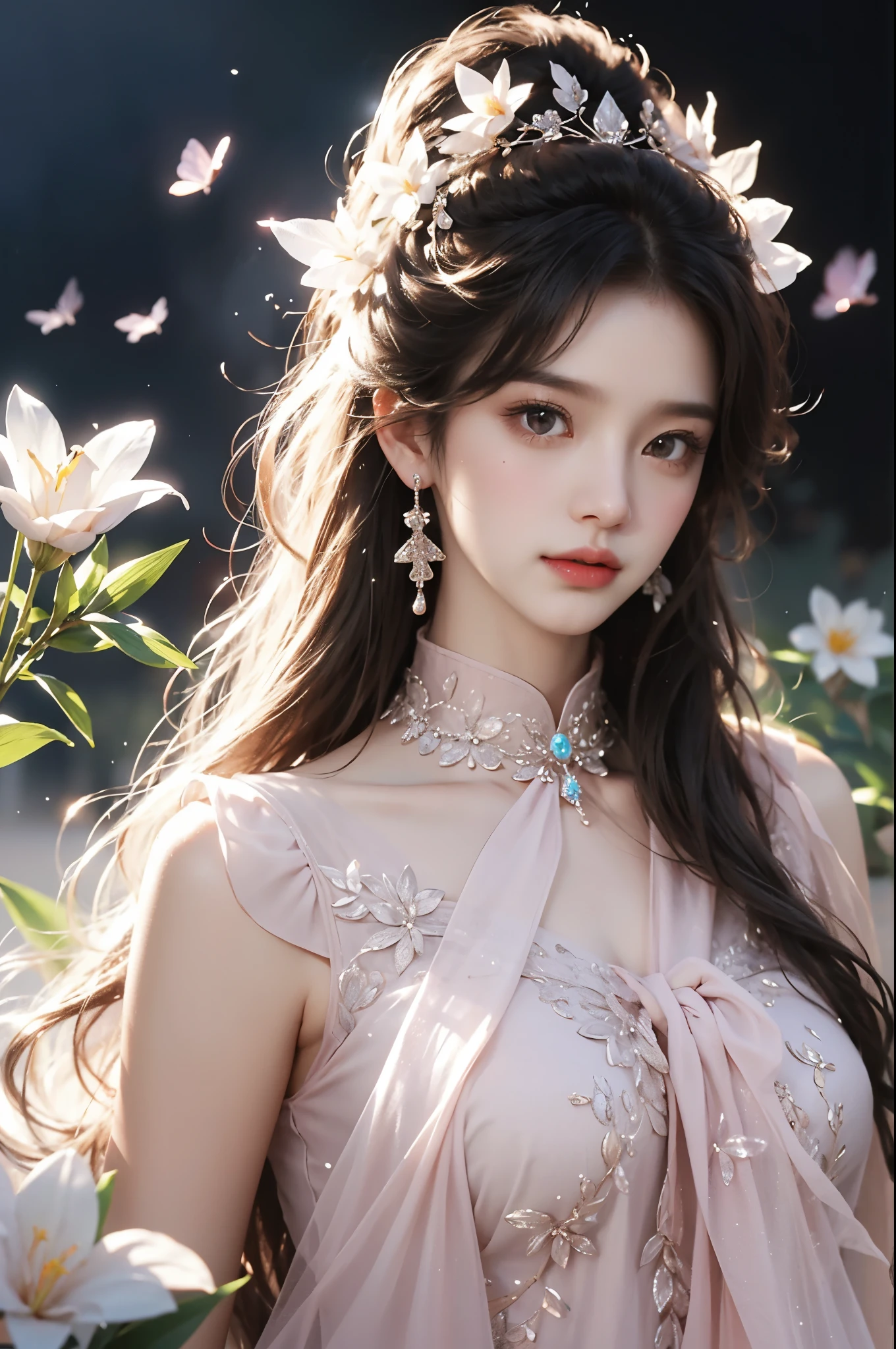 dress, One hand resting on his lips、头发周围有白色butterflys兰，Lilac dendrobium、orange lily、white lilies、1 girl in、Full body photo、White hair、floated hair、Hazy beauty、Have extremely beautiful facial features、Hairpin on the head、Lie in the flowers、Drag your chin with both hands、perfect hand、rosette、(springtime、raining day、butterflys、precipice)、 vectorial art、Chinese contemporary art、softlighting、intertwined scarves、looking-down