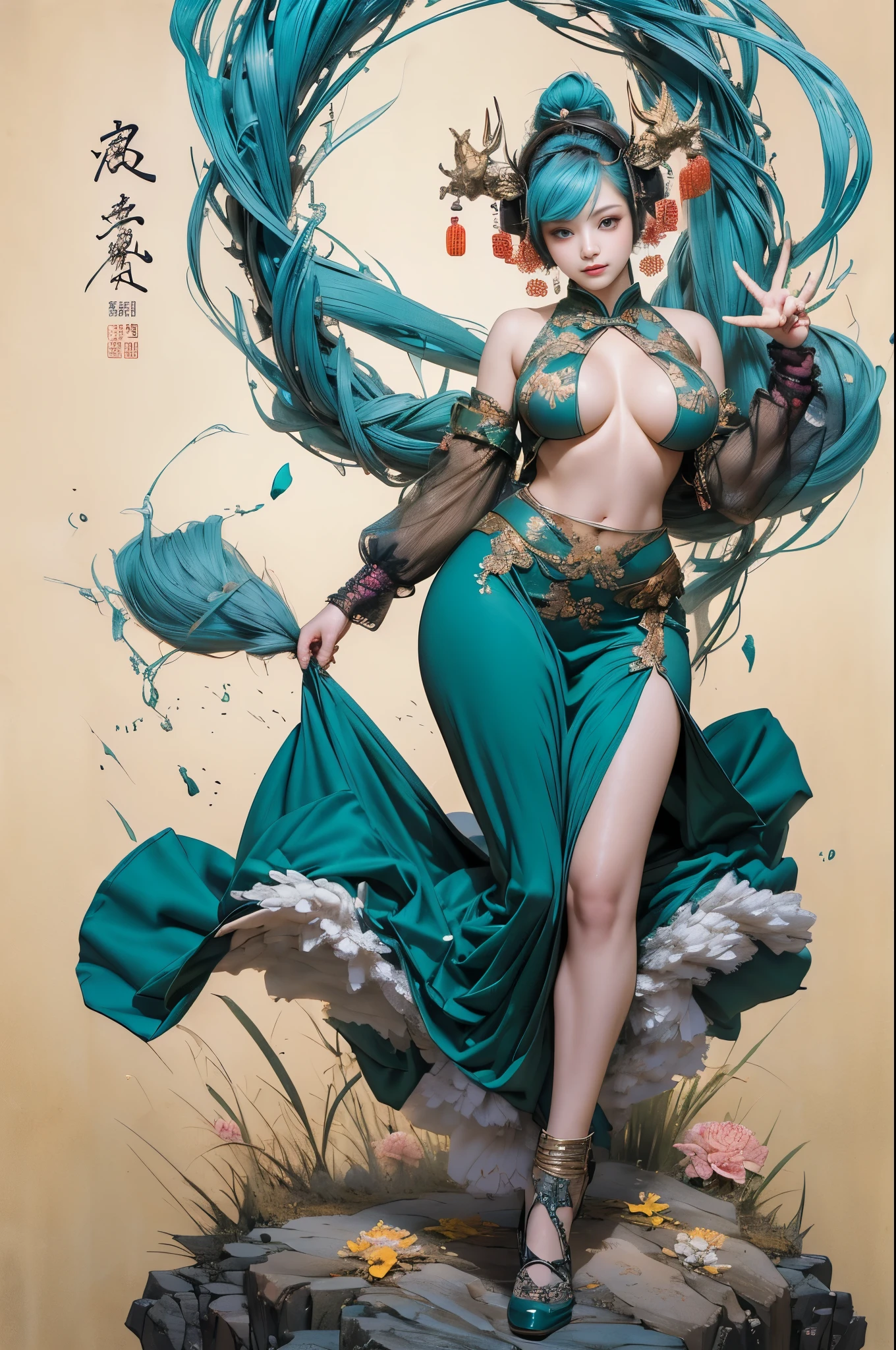(tmasterpiece,quality,Best quality,offcial art,Beauty and aesthetics:1.2),1个Giant Breast Girl, Hatsune Miku with big breasts , Short hair details, 比基尼, shining body, perfect body figure, looking at viewert, ssmile,Wet, (((full bodyesbian, full length character image, SFW:1.4, Fluffy , human character, Bubl, Thermal imaging, thicc, very curvy))), animal hor ears Fluffy, catss_hor ears, low chest, navel,Very meticulous,(s fractal art:1.1),(One color:1.1)(flowers blooming:1.3),Most detailed,( tangled:1.2), (dynamicposes), (abstract backgrounds:1.3), (Traditional Chinese fabrics:1.2), (Skin glows), (Lots of colors:1.4), ,(ear nipple ring:1.4),(Decorative painting:1.6,), lamplight,Ink painting and watercolor,ink,water ink,((graceful stance)),((Detailed faces)),((詳細な目)),((correct hand)),((Complete and beautiful five fingers)),((anatomically correct limbs)),((Correct anatomy)),