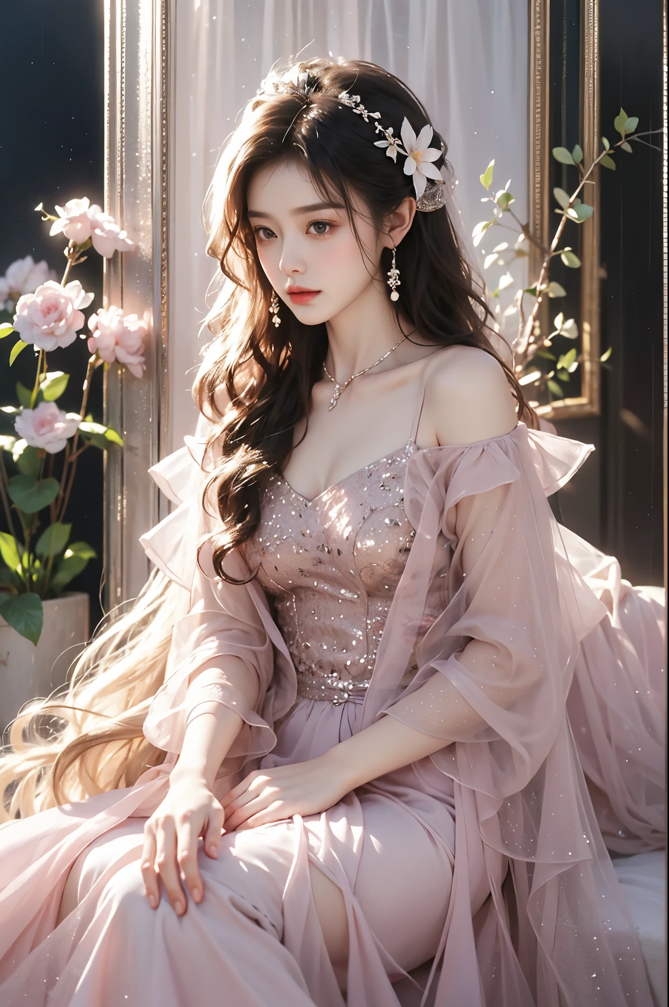 dress, One hand resting on his lips、头发周围有白色butterflys兰，Lilac dendrobium、orange lily、white lilies、1 girl in、Full body photo、White hair、floated hair、Hazy beauty、Have extremely beautiful facial features、Hairpin on the head、Lie in the flowers、Drag your chin with both hands、perfect hand、rosette、(springtime、raining day、butterflys、precipice)、 vectorial art、Chinese contemporary art、softlighting、intertwined scarves、looking-down