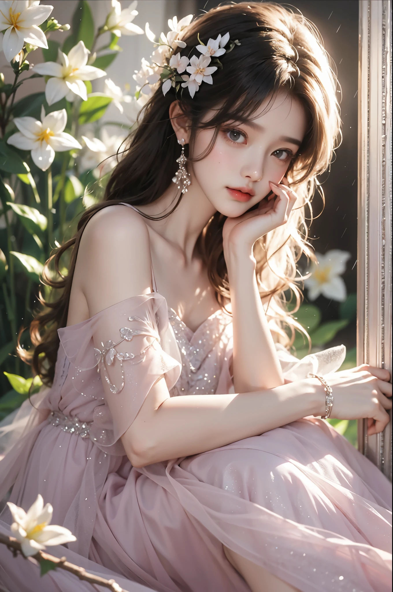 dress, One hand resting on his lips、头发周围有白色butterflys兰，Lilac dendrobium、orange lily、white lilies、1 girl in、Full body photo、White hair、floated hair、Hazy beauty、Have extremely beautiful facial features、Hairpin on the head、Lie in the flowers、Drag your chin with both hands、perfect hand、rosette、(springtime、raining day、butterflys、precipice)、 vectorial art、Chinese contemporary art、softlighting、intertwined scarves、looking-down