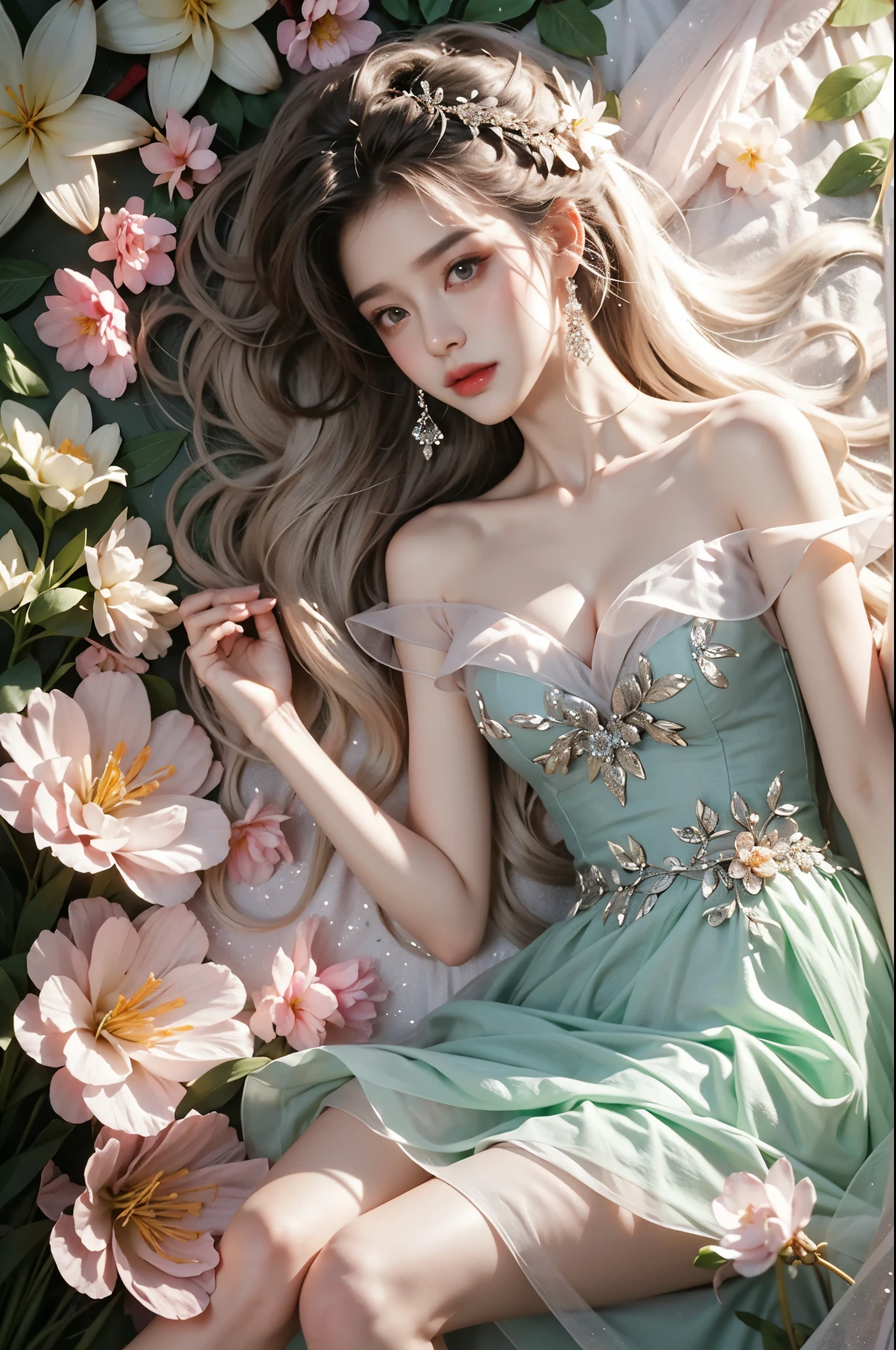 dress, One hand resting on his lips、头发周围有白色butterflys兰，Lilac dendrobium、orange lily、white lilies、1 girl in、Full body photo、White hair、floated hair、Hazy beauty、Have extremely beautiful facial features、Hairpin on the head、Lie in the flowers、Drag your chin with both hands、perfect hand、rosette、(springtime、raining day、butterflys、precipice)、 vectorial art、Chinese contemporary art、softlighting、intertwined scarves、looking-down