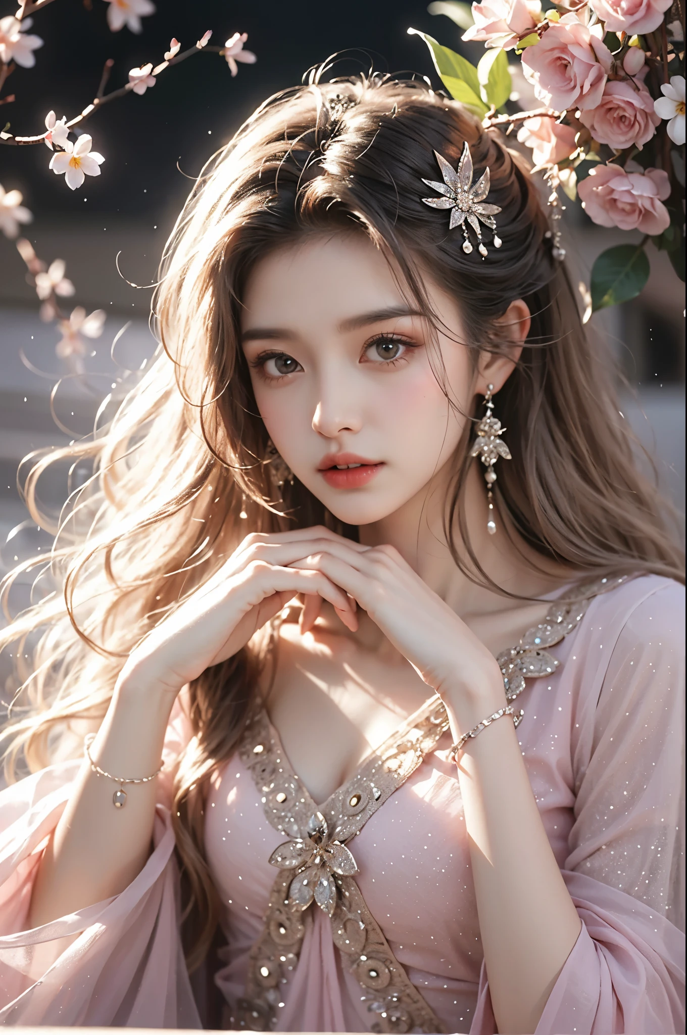 dress, One hand resting on his lips、头发周围有白色butterflys兰，Lilac dendrobium、orange lily、white lilies、1 girl in、Full body photo、White hair、floated hair、Hazy beauty、A plump chest, cleavage, Have extremely beautiful facial features、Hairpin on the head、Lie in the flowers、Drag your chin with both hands、perfect hand、rosette、(springtime、raining day、butterflys、precipice)、 vectorial art、Chinese contemporary art、softlighting、intertwined scarves、looking-down