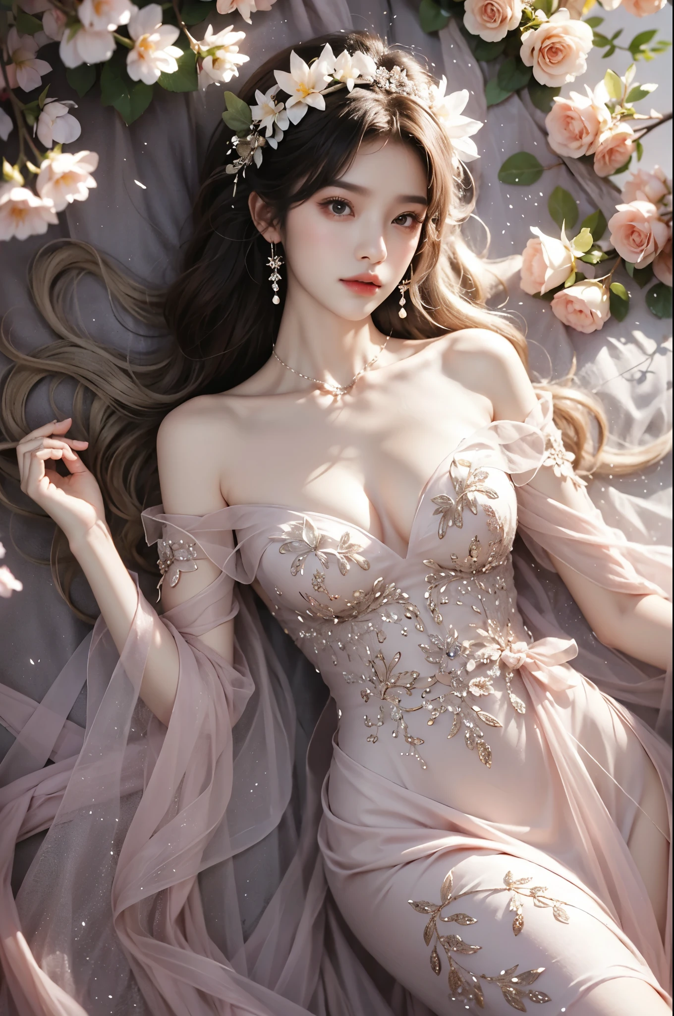 long dress,bare shoulders, ((best quality, 8k, masterpiece: 1.3)), ((knee shot)), sexy的亚洲女模特, blush, (seduct smile: 0.8), hair accessories, necklace, Jia, Tyndall effect, actual, light edge, Two-tone lighting, 8k ultra hd, SLR camera, high quality, Volumetric lighting, sneak peek, photo, high resolution, 4K, 8k, background bokeh, earrings, 35mm, High detail hair, broken to pieces, portrait, Ultra-clear face, (lakeside, grassland), slim and beautiful, sexy, slender legs, A plump chest, cleavage, (long hair casual, :1.2), The face is super delicate, exquisite eyes, double eyelids, necklaces, earrings, light and shadow, high detail light and shadow, (flowers, peony, Rose)