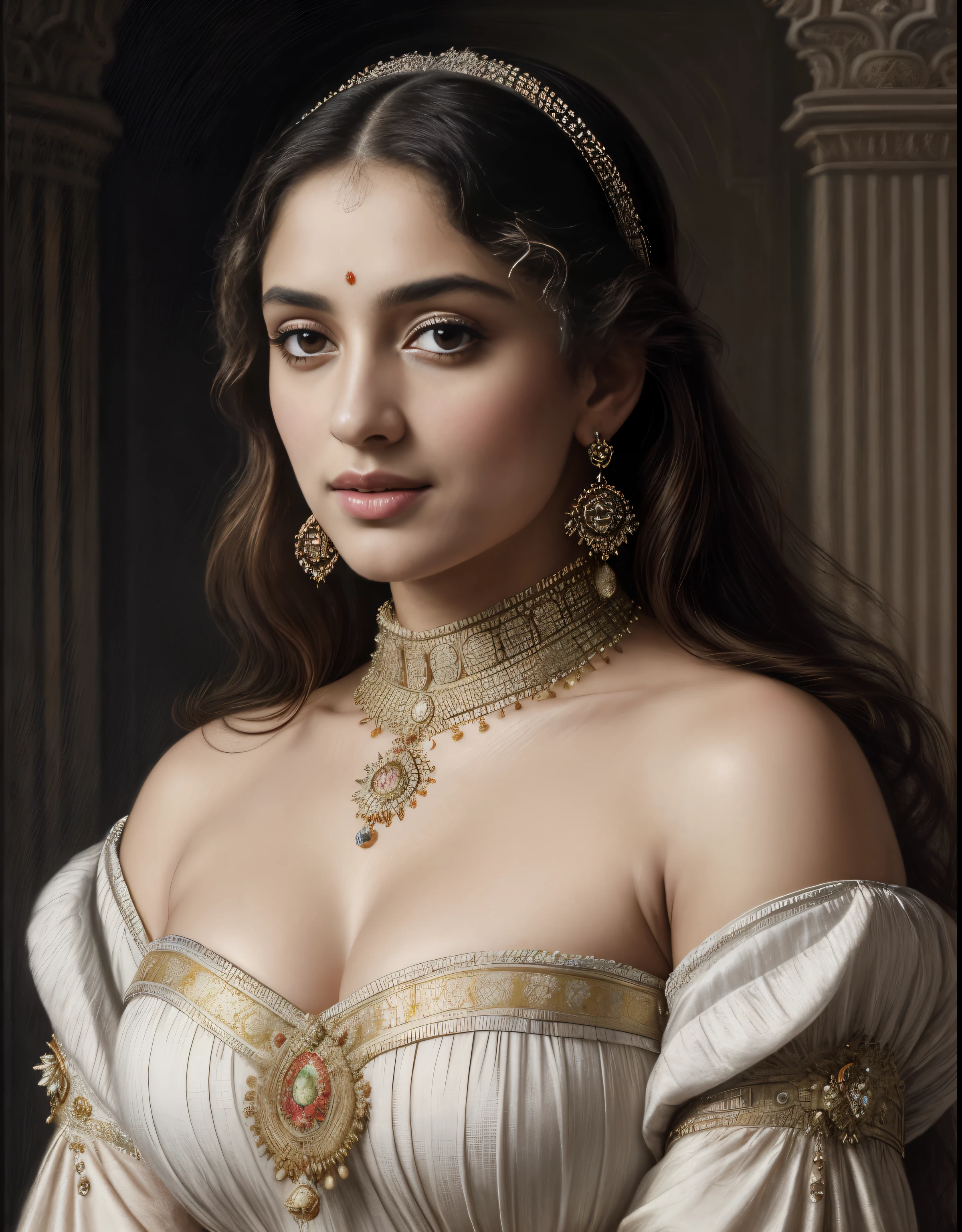 Best quality, highly detailed, masterpiece, Indian princess, Rajkanya, royal clothes, Masterpiece, extremely gorgeous woman, matchless Beauty, portrait, Peter Paul Rubens style, Woman, off shoulder bandeau crop blouse, middle ages, classicism, andrey atroshenko style, painting, long hair, styled hair, traditional media, realistic, figurative, fine art, detailed Art, oil on canvas, HDR, 8K, original character, high resolution, high detail, focus on the face, intricate, flawless, fluffy hair, Peter Paul Rubens style, By Peter Paul Rubens, sharp picture, avoid crown or mukut in picture,