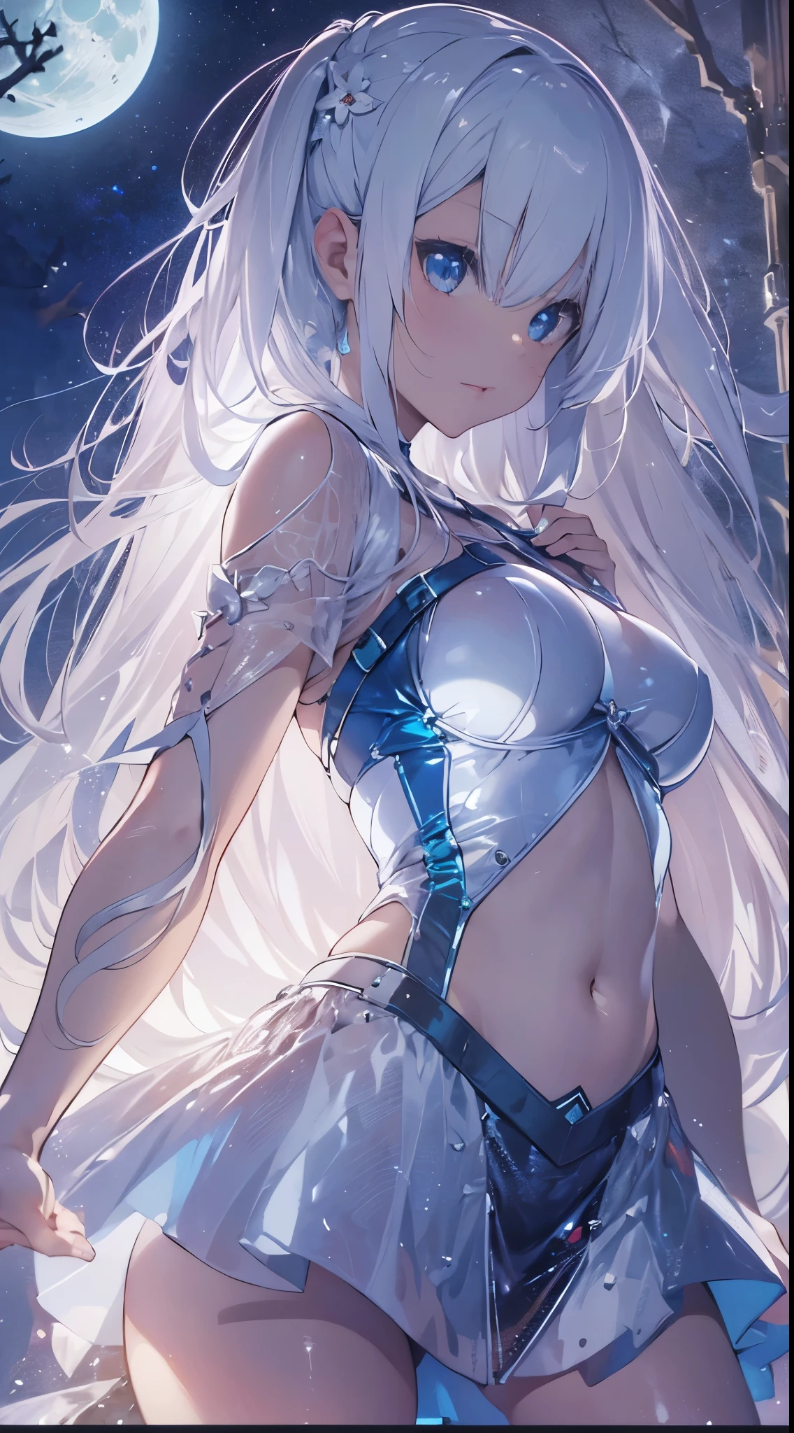 One lady,14years,((White hair) ,((())), ((Normal breasts)), (())(()),(Shiny blue bodysuit with microskirt))),,((Fantasy,Moon Night))(())