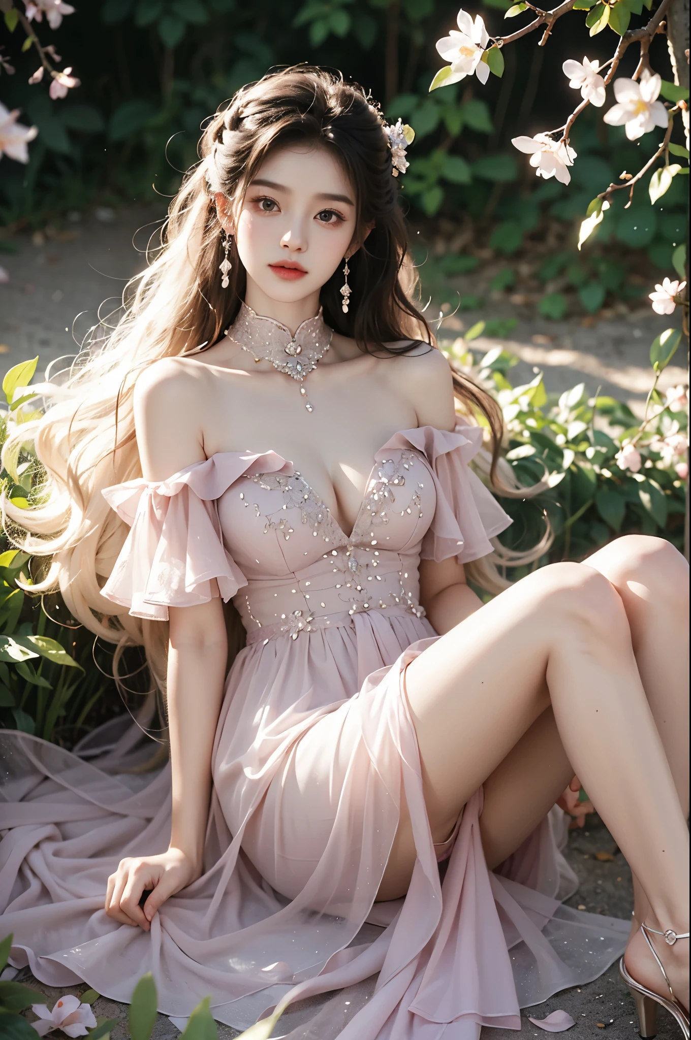 dress, One hand resting on his lips、头发周围有白色butterflys兰，Lilac dendrobium、orange lily、white lilies、1 girl in、Full body photo、White hair、floated hair、Hazy beauty、A plump chest, cleavage, Have extremely beautiful facial features、Hairpin on the head、Lie in the flowers、Drag your chin with both hands、perfect hand、rosette、(springtime、raining day、butterflys、precipice)、 vectorial art、Chinese contemporary art、softlighting、intertwined scarves、looking-down