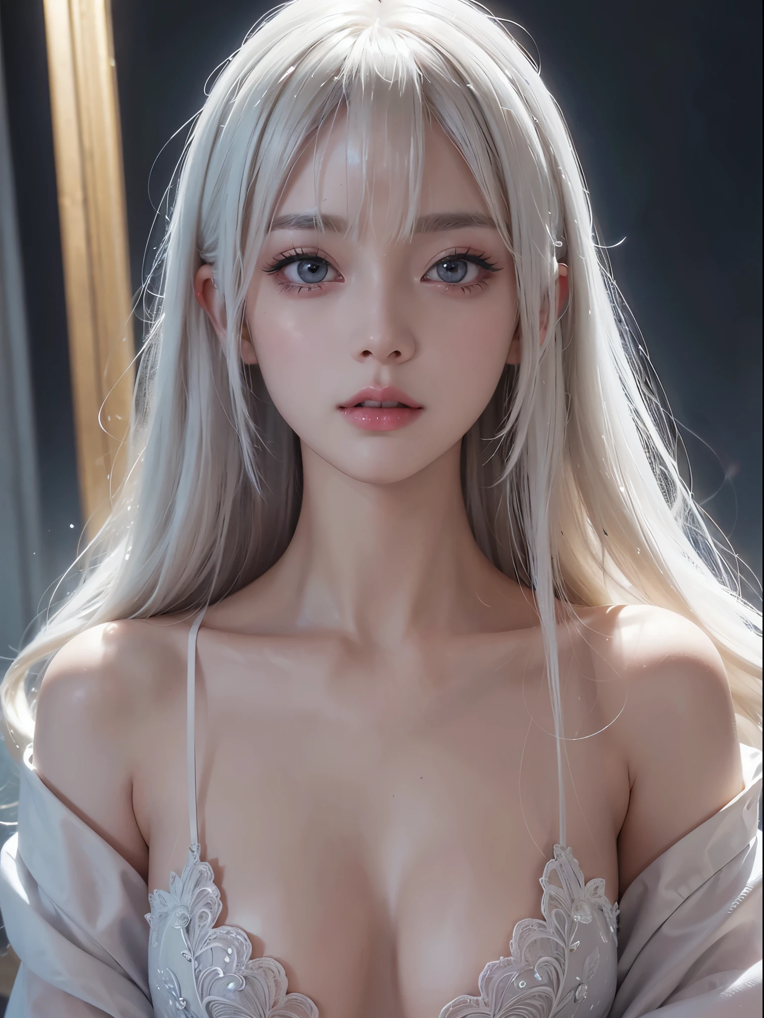 Platinum blonde fine hair、Extra long silky straight hair、Big eyes with bangs and eyeliner、Transparent white wet pajamas、Nordic youth、perfect body figure、Very beautiful and lovely、White muscle、Glossy glossy skin、Young and beautiful skin、Perfect and beautiful little face、Shine makeup、Thin pink lip gloss expression、girl、lipsticks、Deceptive advertising、{steamy}、Audience view、Primetime lights、Bokeh atmosphere perspective、Detailed film light、Complicated details、A high resolution、 Detailed features of the facial design、high detal、Clear focus、Smoothness、aesthetics、print、octanerender、{{masterpiece}}