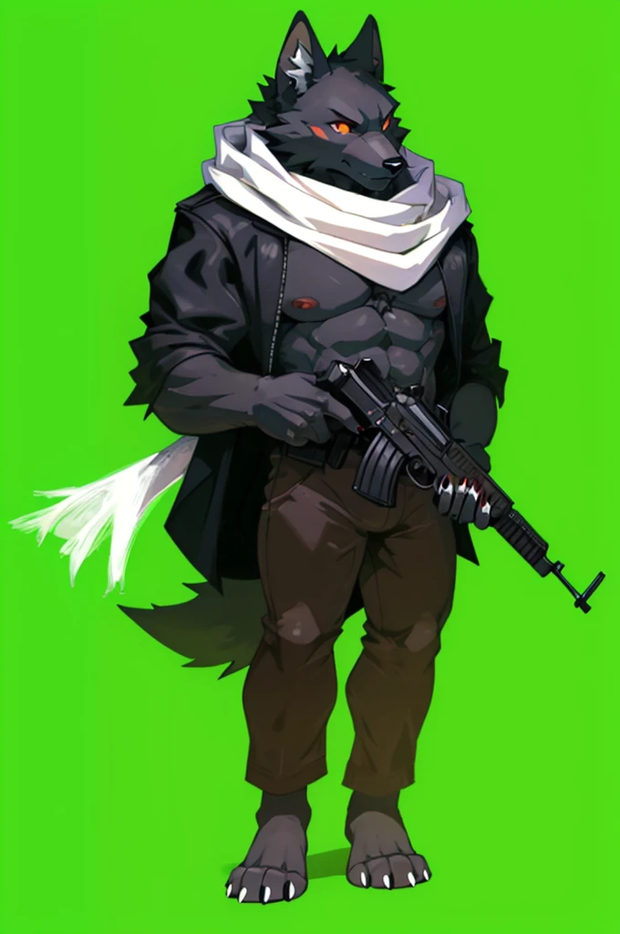 Black fur anthro wolf, (orange eyes (red pupil(black line in the middle of pupil))), short ears (black ears), (detailed (holding ault rifle (black asst riffle) with two hand (black paws(white nails)))), (wearing (black jacket (white carf around his neck and the rest of the cloth behind his back (high quality shadow)) (no accesory on jacket) (muscular black fur chest uncovered (no necklace))), (dark pants), no shoes), (black feet (animal feet or paws) (four finger (white nails))). Hd quality, good quality, 4k, hd resolution
