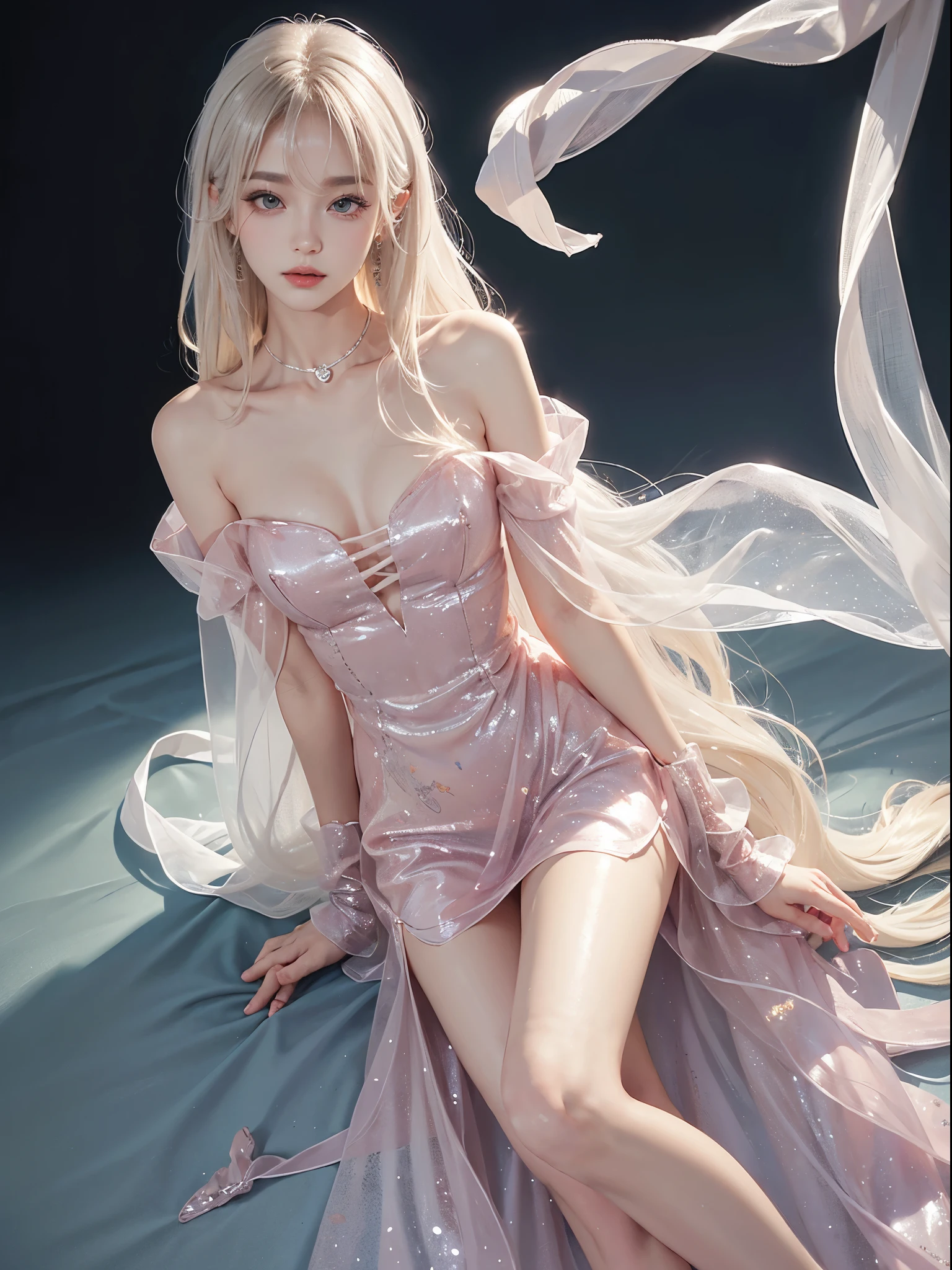 dress, Platinum blonde fine hair、Extra long silky straight hair、Big eyes with bangs and eyeliner、Transparent white wet pajamas、Nordic youth、perfect body figure、Very beautiful and lovely、White muscle、Glossy glossy skin、Young and beautiful skin、Perfect and beautiful little face、Shine makeup、Thin pink lip gloss expression、girl、lipsticks、Deceptive advertising、{steamy}、Audience view、Primetime lights、Bokeh atmosphere perspective、Detailed film light、Complicated details、A high resolution、 Detailed features of the facial design、high detal、Clear focus、Smoothness、aesthetics、print、octanerender、{{masterpiece}}