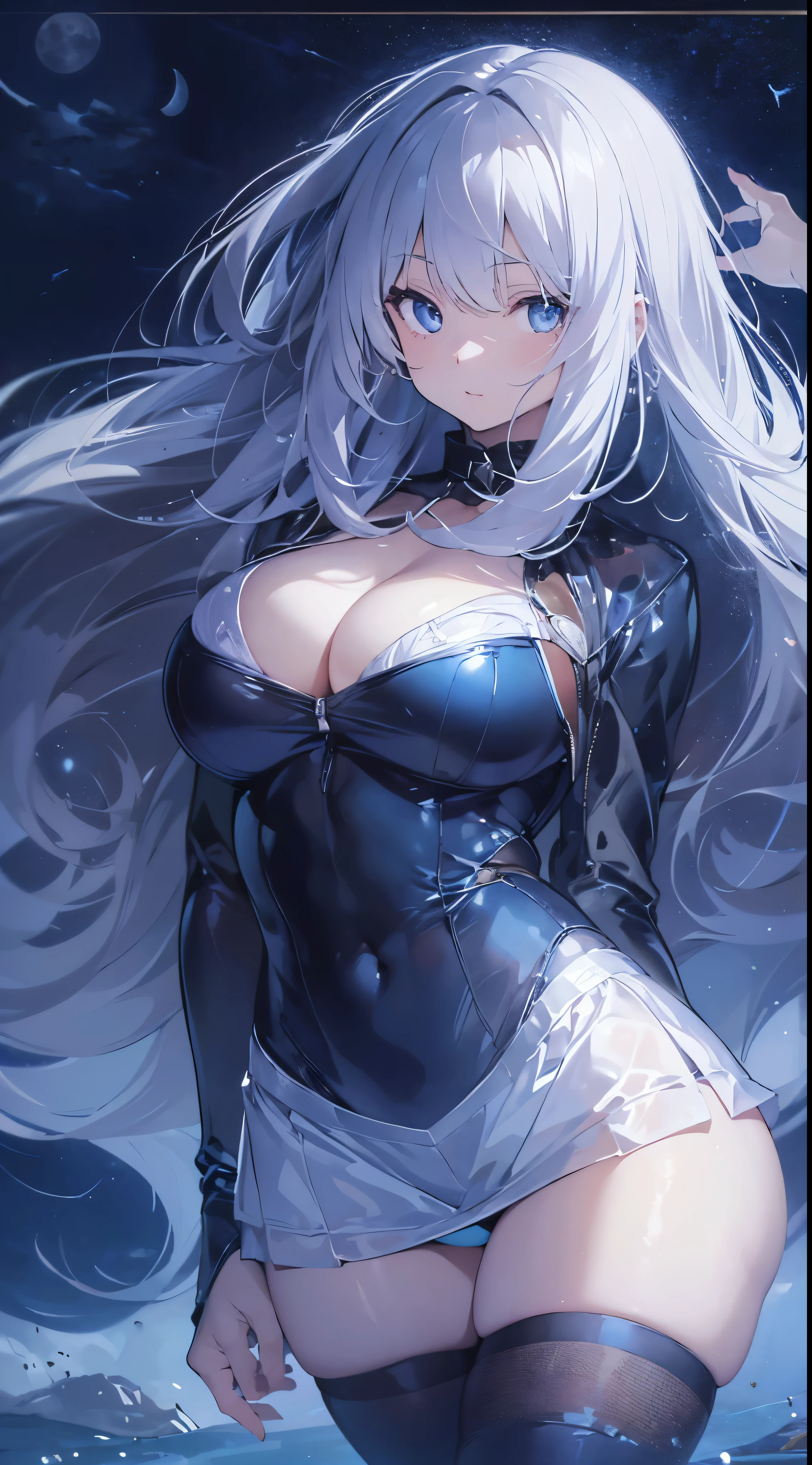 One lady,ars,((White hair) ,((())), ((Normal breasts)), (())(()),(Shiny blue bodysuit with microskirt))),,((Fantasy,Moon Night))(())
