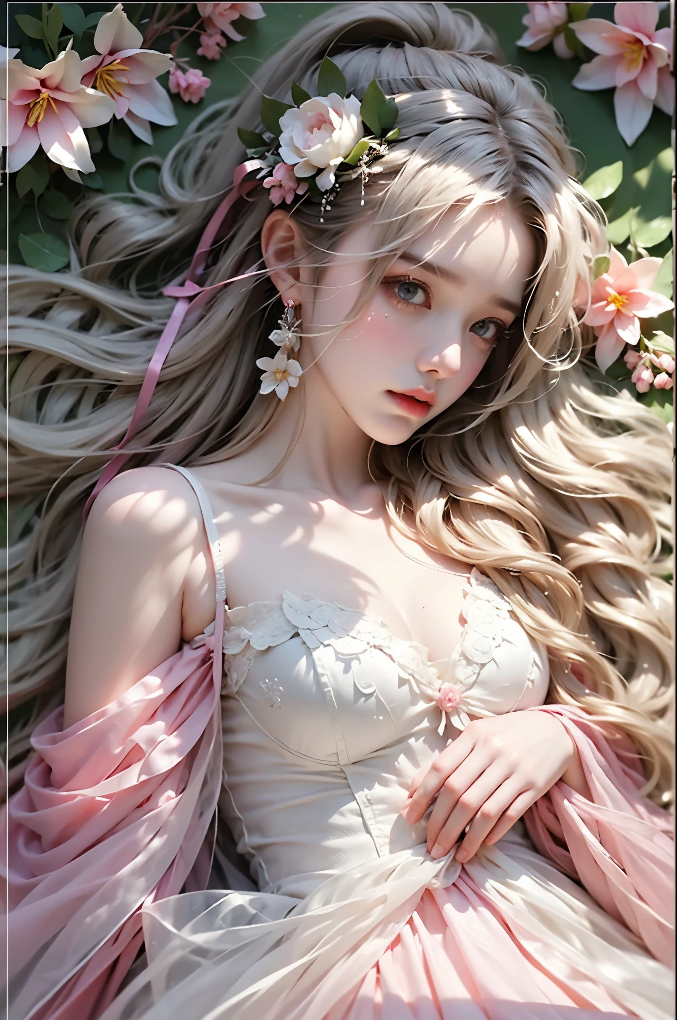 Romantic rose dress 2, One hand resting on his lips、周围头发有白Butterfly兰，Lilac dendrobium、orange lily、White Lily、1 girl in、Full body image、white hair、Floating hair、Hazy Beauty、Full breasts, Chopping, Have extremely beautiful facial features、Hairpin on head、Lying in the flowers、Drag your chin with both hands、Perfect hands、Rosette、(spring、Rainy Day、Butterfly、cliff)、 Vector Art、Chinese Contemporary Art、soft light、intertwined scarves、look down