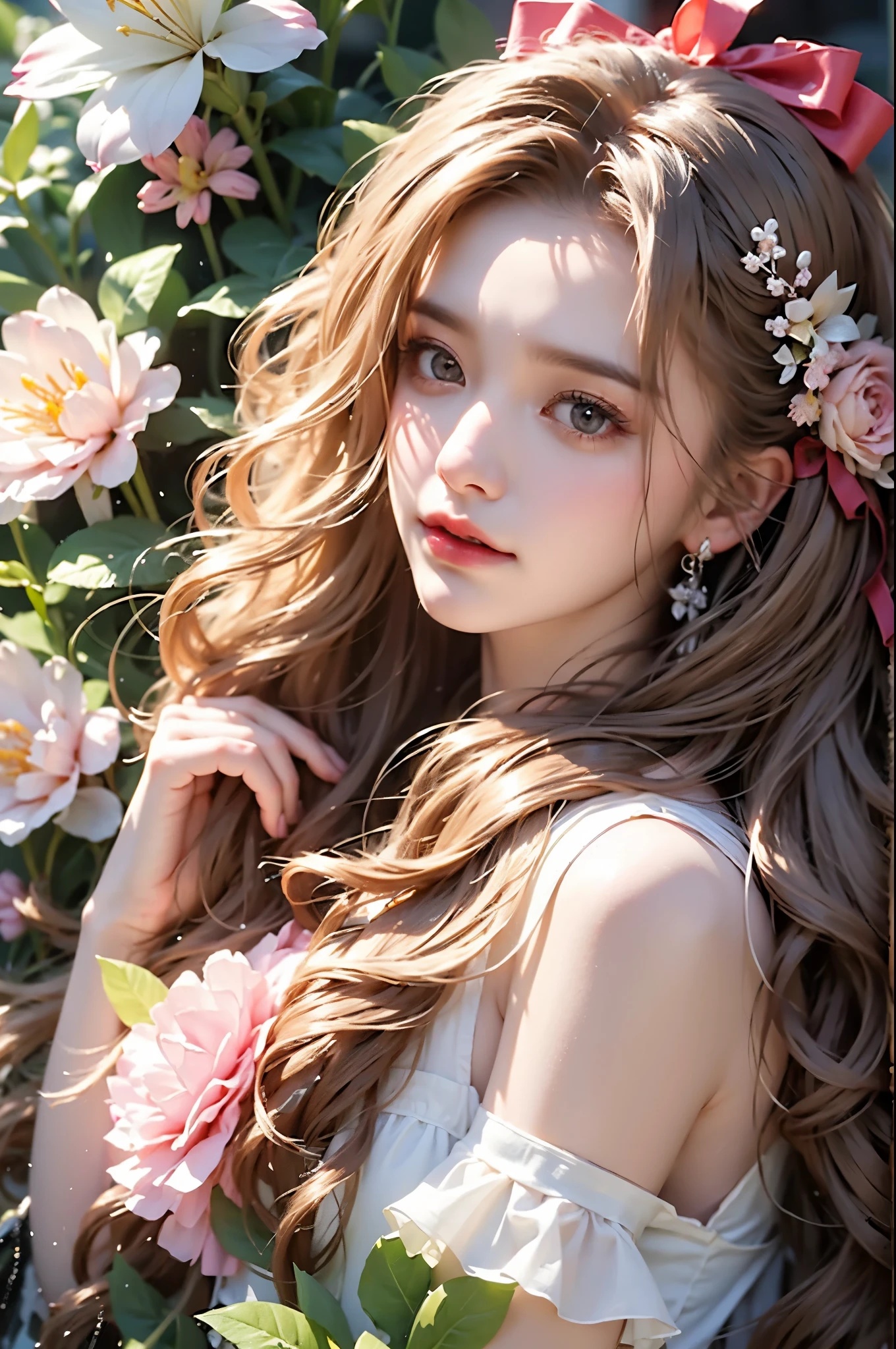 Romantic Rosette dress2, One hand resting on his lips、周围头发有白butterflys兰，Lilac dendrobium、orange lily、white lilies、1 girl in、fully body photo、White hair、floated hair、Hazy beauty、A plump chest, Chopping, Have extremely beautiful facial features、Hairpin on the head、Lie in the flowers、Drag your chin with both hands、perfect hand、rosette、(springtime、raining day、butterflys、precipice)、 vectorial art、Chinese contemporary art、Soft lighting、intertwined scarves、looking-down