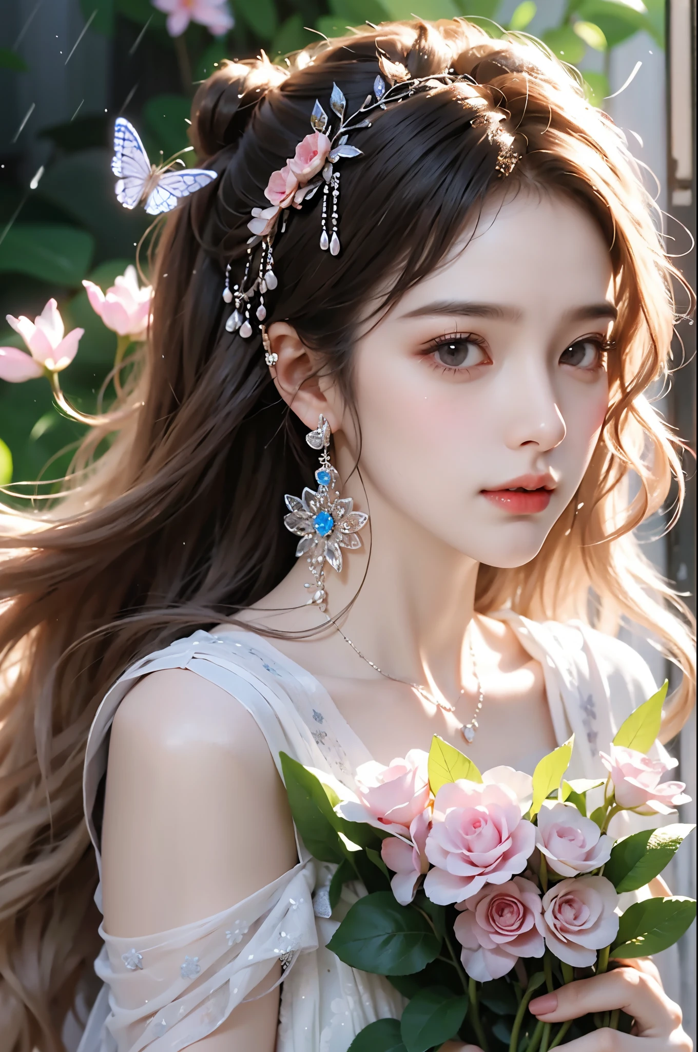 Sweet girl dress2,dress, One hand resting on his lips、周围头发有白butterflys兰，Lilac dendrobium、orange lily、white lilies、1 girl in、fully body photo、White hair、floated hair、Hazy beauty、A plump chest, Chopping, Have extremely beautiful facial features、Hairpin on the head、Lie in the flowers、Drag your chin with both hands、perfect hand、rosette、(springtime、raining day、butterflys、precipice)、 vectorial art、Chinese contemporary art、Soft lighting、intertwined scarves、looking-down