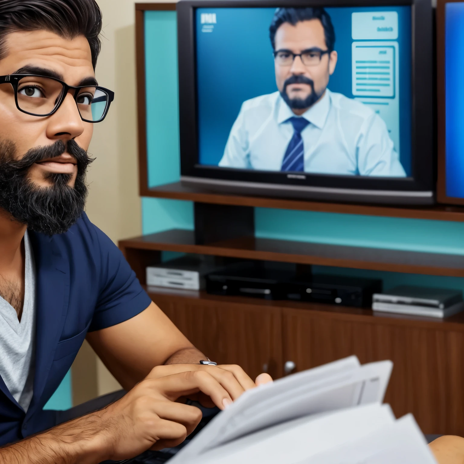Upload image of a man teaching financial markets with rich graphics displayed on the television behind him, the man is Brazilian with a dark brown beard dark brown hair the social style, Wear glasses and are 30 years old, with good eyesight in Roraima. A vestimenta deve ser algo social, mas casual E o homem deve estar apontando para a TV
