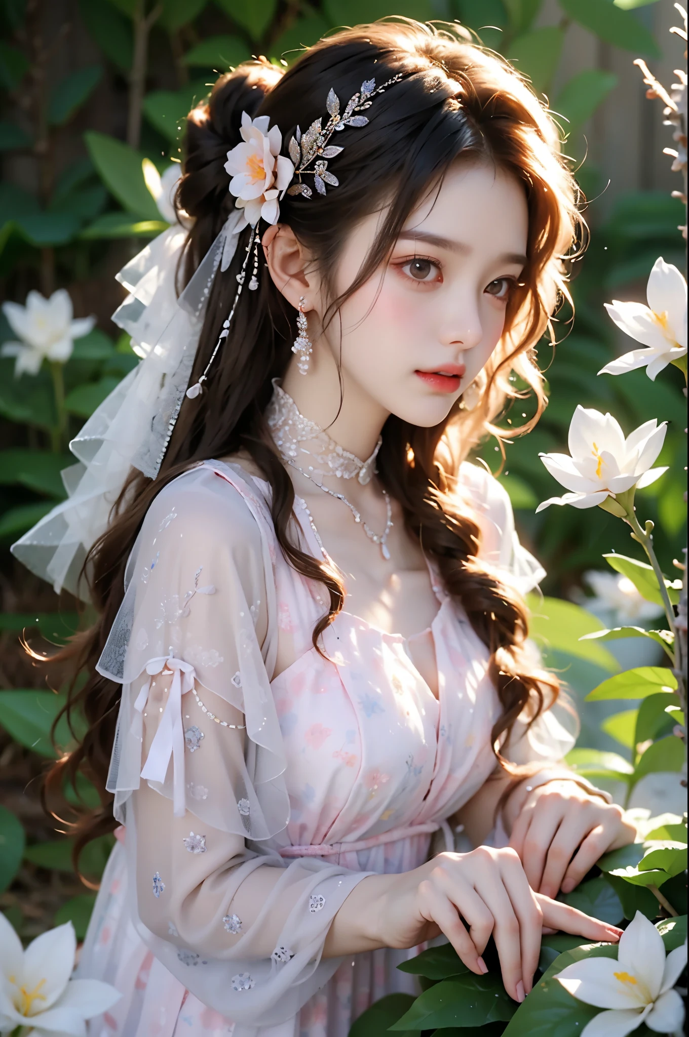 Sweet girl dress2,dress, One hand resting on his lips、周围头发有白butterflys兰,Lilac dendrobium、orange lily、white lilies、1 girl in、fully body photo、White hair、floated hair、Hazy beauty、A plump chest, Chopping, Have extremely beautiful facial features、Hairpin on the head、Lie in the flowers、Drag your chin with both hands、perfect hand、rosette、(springtime、raining day、butterflys、precipice)、 vectorial art、Chinese contemporary art、Soft lighting、intertwined scarves、looking-down