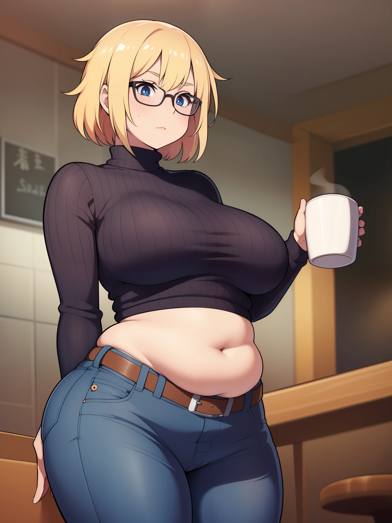 ((Masterpiece)), perfect anatomy, perfect shading, field of depth, (best quality), extremely delicate and beautiful, perfect lighting, detailed face, ultra cute face, cute, (cowboy shot 1.2), full body, (((1girl))), ((solo)), looking at viewer,
short hair, fluffy hair, blonde hair, blue eyes, Glasses, ((blush)), shy, nervous, (black turtleneck sweater 1.5), (jeans 1.2), belt, extremely tight clothes, medium breasts, ((wide hips)), ((thick thighs)), ((chubby)), belly bulge, belly hang,
coffee shop, intricate background, detailed background, hand on hip, holding coffee cup,