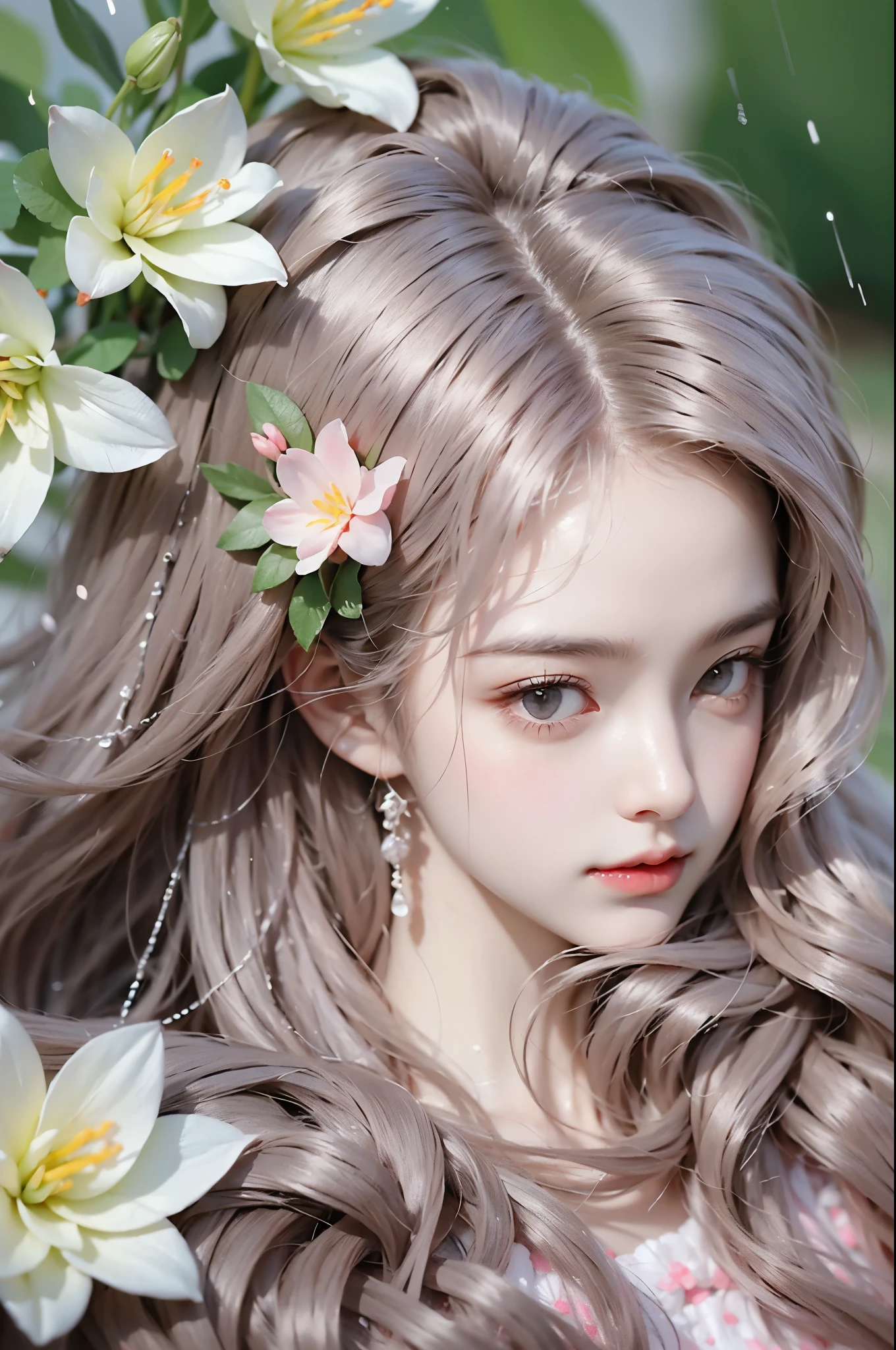 Sweet girl dress2,dress, One hand resting on his lips、周围头发有白butterflys兰，Lilac dendrobium、orange lily、white lilies、1 girl in、fully body photo、White hair、floated hair、Hazy beauty、A plump chest, Chopping, Have extremely beautiful facial features、Hairpin on the head、Lie in the flowers、Drag your chin with both hands、perfect hand、rosette、(springtime、raining day、butterflys、precipice)、 vectorial art、Chinese contemporary art、Soft lighting、intertwined scarves、looking-down