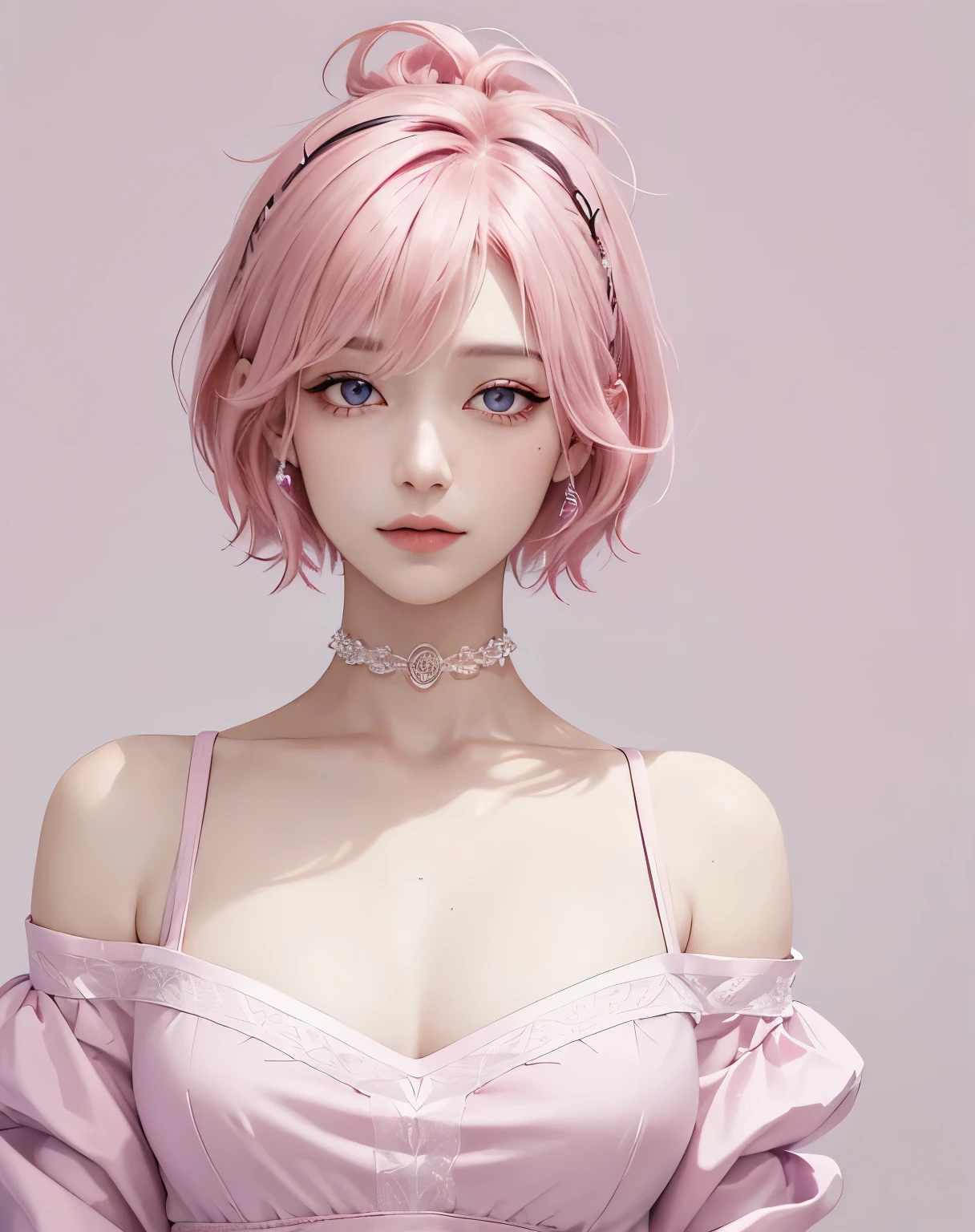 (tmasterpiece, Best quality, 1 Sister, Alone, exquisite detailing, color difference), true medium breathing)), Short hair details, pink haired one, Pink highlight, Hair above one eye, purpleeyes, keen vision,whitet-shirt(symetrical eyes),(Perfectly symmetrical body),looking at viewert