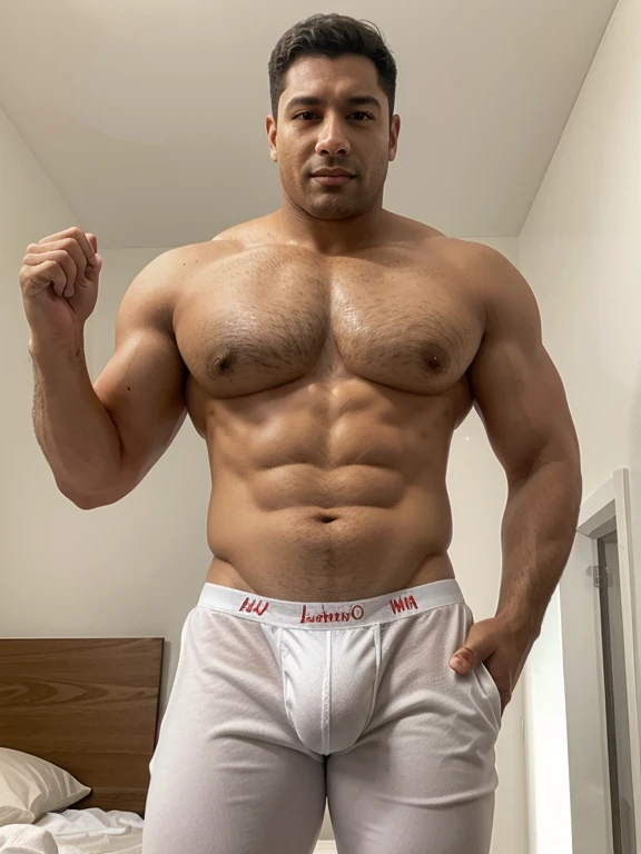 homem bonito, musculoso, manly, standing on her feet, Depilado, corpo sem pelos, pele completamente sem pelos, Pelé Lisa, peitoral grande, peitos grandes, Coxas Fortes, detailed hands, cueca branca, homem protuberante, white underwear, transparency, large bulge, em um quarto.