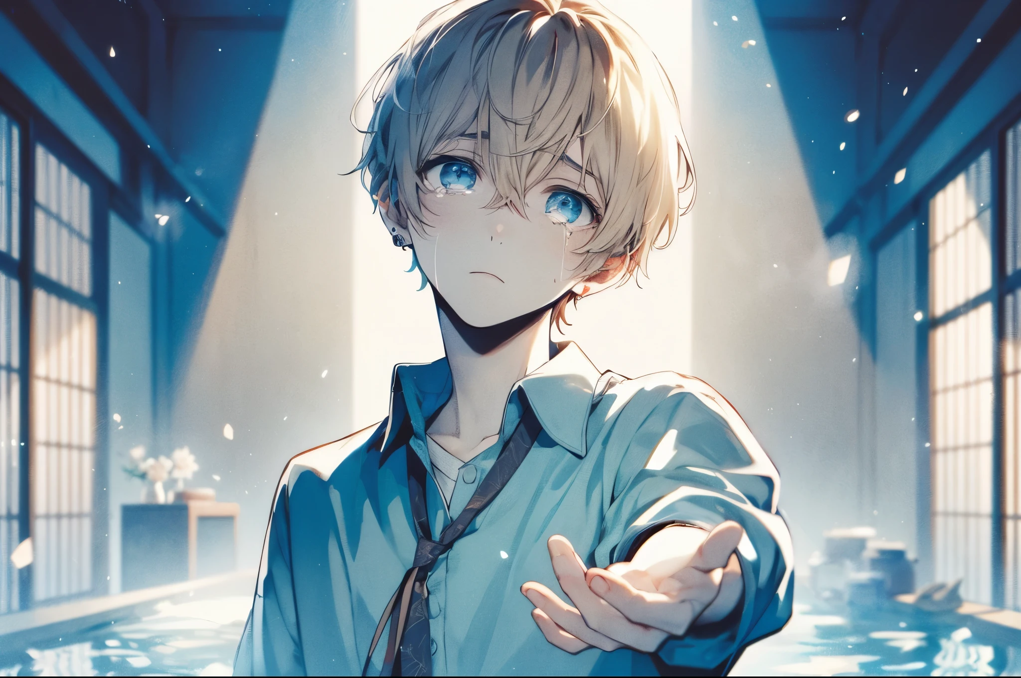 neck tie、Young man, blond, short hair, bangs resting on the forehead, blue eyes brimming with tears in a sorrowful expression. Wearing a light blue shirt with the collar open, sleeves rolled up to the elbows. The background is a dimly lit, vague room, surrounded by floating particles of light and bathed in a pale blue glow. He is reaching out towards the camera, gazing upwards.high quality, amount of drawing, pixiv illustration