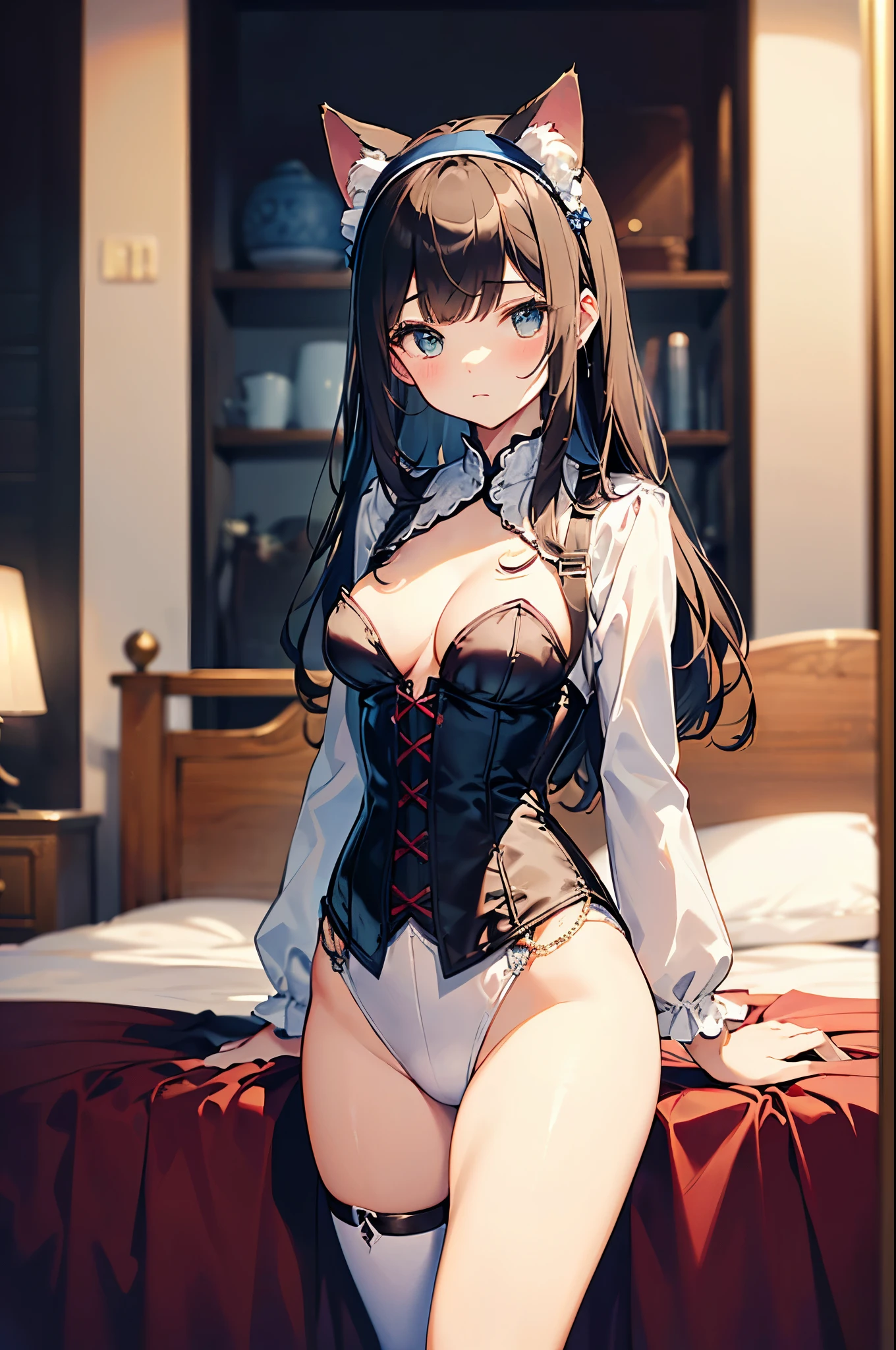 Highest quality, masterpiece, Adult women,8 heads,Long sleeve maid outfit,Without skirt,Brown Hair,Long Hair,Dark bedroom,Sit in the corner of the bed,Spread your legs、Leg spread,White tights,White garter belt,Wet white lace panties,I can see your pants,A seductive smile, Plump thighs,Long legs,