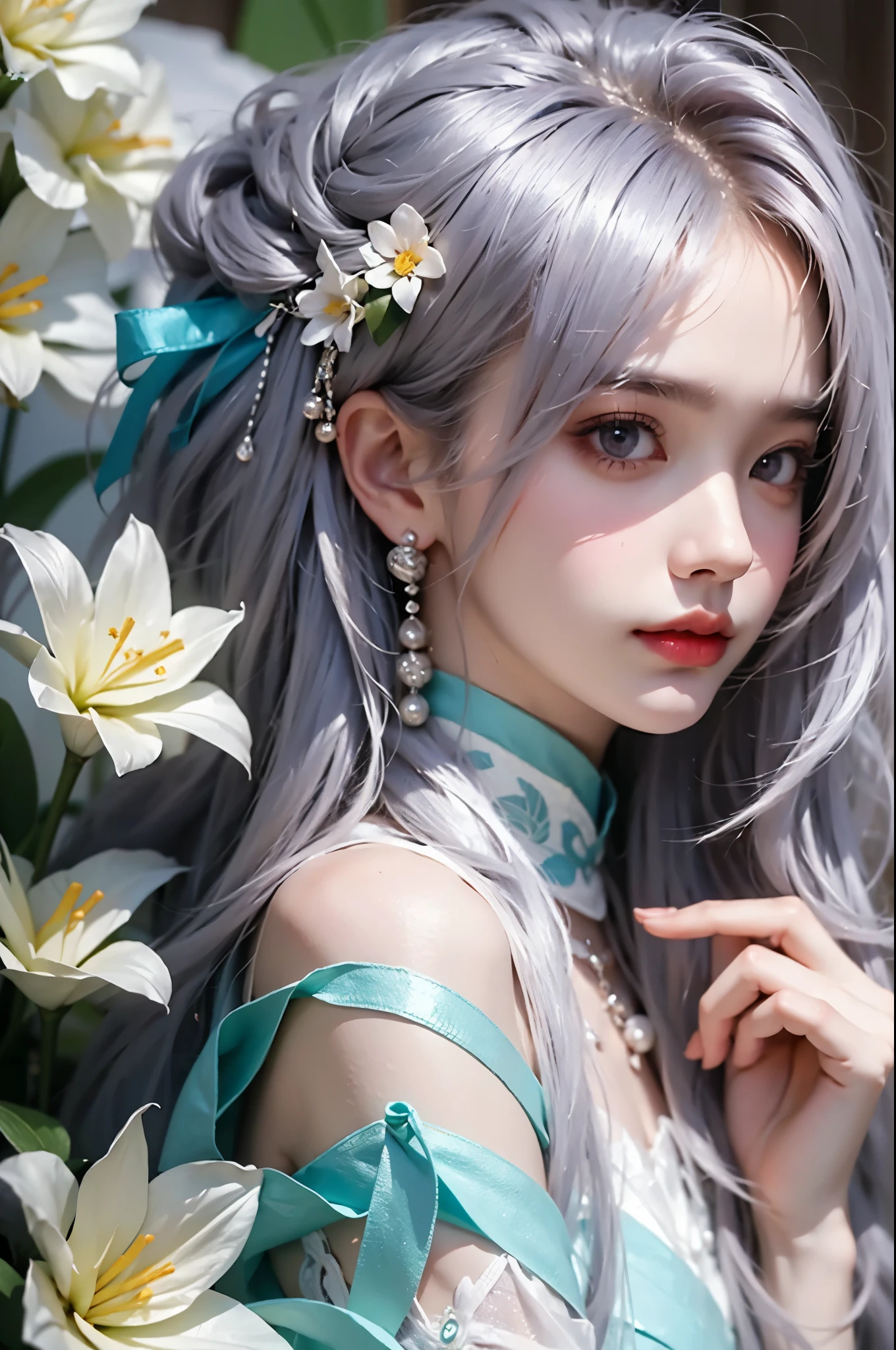 One hand resting on his lips、周围头发有白butterflys兰，Lilac dendrobium、orange lily、white lilies、1 girl in、fully body photo、White hair、floated hair、Hazy beauty、A plump chest, Chopping, Have extremely beautiful facial features、Hairpin on the head、Lie in the flowers、Drag your chin with both hands、perfect hand、rosette、(springtime、raining day、butterflys、precipice)、 vectorial art、Chinese contemporary art、Soft lighting、intertwined scarves、looking-down