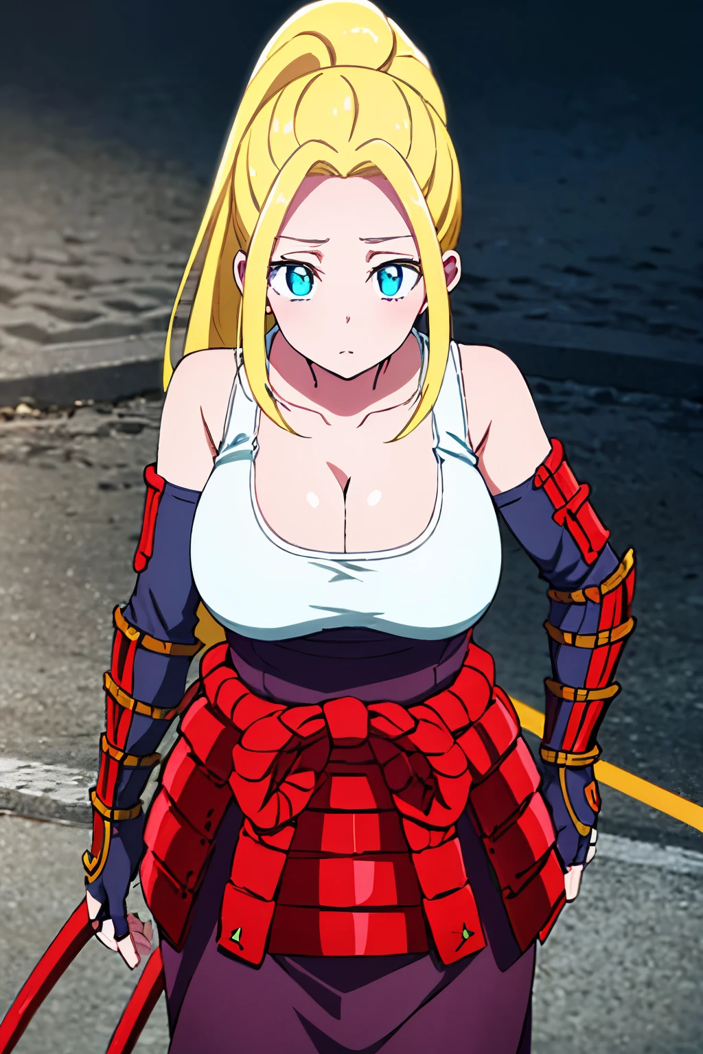 1girl,alone, beatrix amerhauser, long hair, blue eyes, blonde hair, gloves, ponytail, (huge tits),
BREAK gloves, fingerless gloves, armor, japanese armor, tank top, white tank top, cleavage, collarbone,
BREAK looking at viewer,
BREAK outdoors,
BREAK (masterpiece:1.2), best quality, high resolution, unity 8k wallpaper, (illustration:0.8), (beautiful detailed eyes:1.6), extremely detailed face, perfect lighting, extremely detailed CG, (perfect hands, perfect anatomy), (fullbody), (busty)