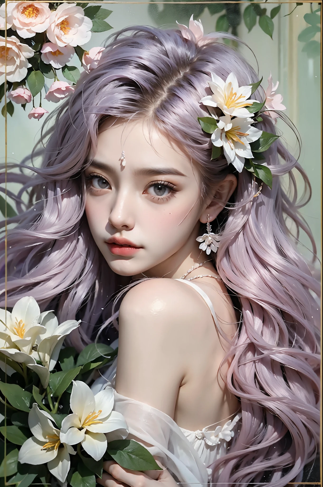 fairy dress, One hand resting on his lips、周围头发有白butterflys兰，Lilac dendrobium、orange lily、white lilies、1 girl in、fully body photo、White hair、floated hair、Hazy beauty、A plump chest, Chopping, Have extremely beautiful facial features、Hairpin on the head、Lie in the flowers、Drag your chin with both hands、perfect hand、rosette、(springtime、raining day、butterflys、precipice)、 vectorial art、Chinese contemporary art、Soft lighting、intertwined scarves、looking-down