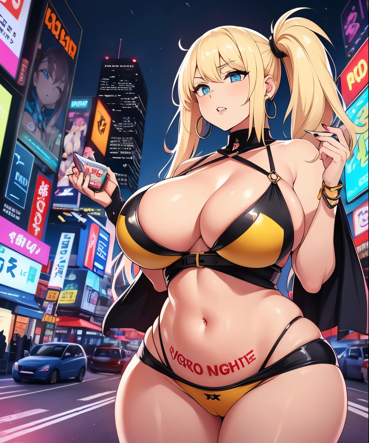 1girl,  (((bimbo))),hoop earrings, puffy lips, painted lips, thick lips. 
blonde hair, short twintails, wide hips, thick thighs, bursting breasts Nightlife, Night city, Cyberpunk city, futuristic cityscape. Neon lights, (skyscraper:1.1), Tokyo tower, palm tree, cloth sign, ramen stall, night club. bright city lights, exotic car. alcohol, bar, ramen, soup stall ,alcohol bottles, stomach blush, nipple slip, round stomach, pubic tattoo, underbelly tattoo, barcode tattoo