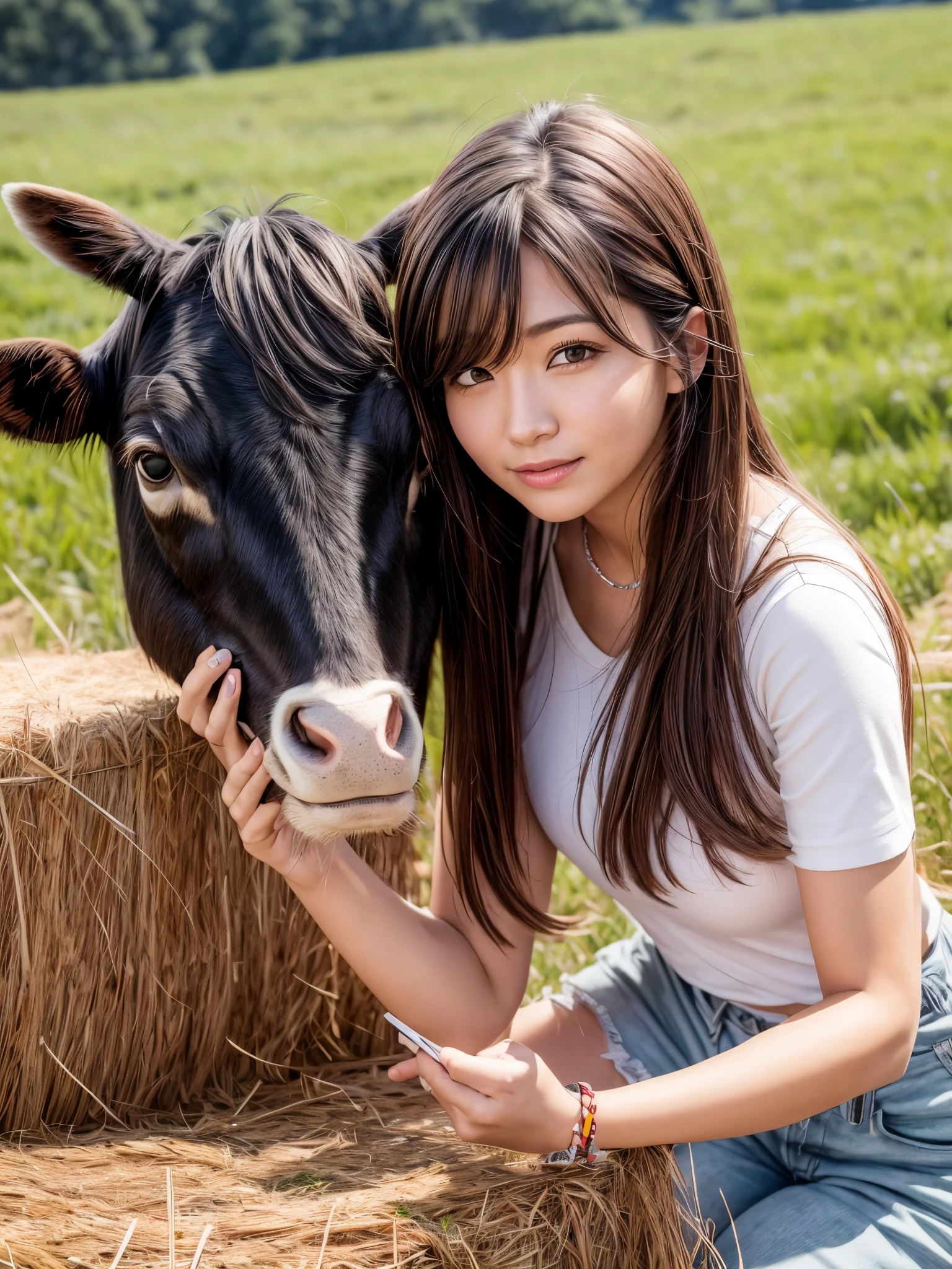 (best quality,4k,8k, highres, masterpiece:1.2), ultra-realistic, photorealistic, photo-realistic:1.37), A girl feeding hay to a cowcattle grazing, countryside scenery, farm life,