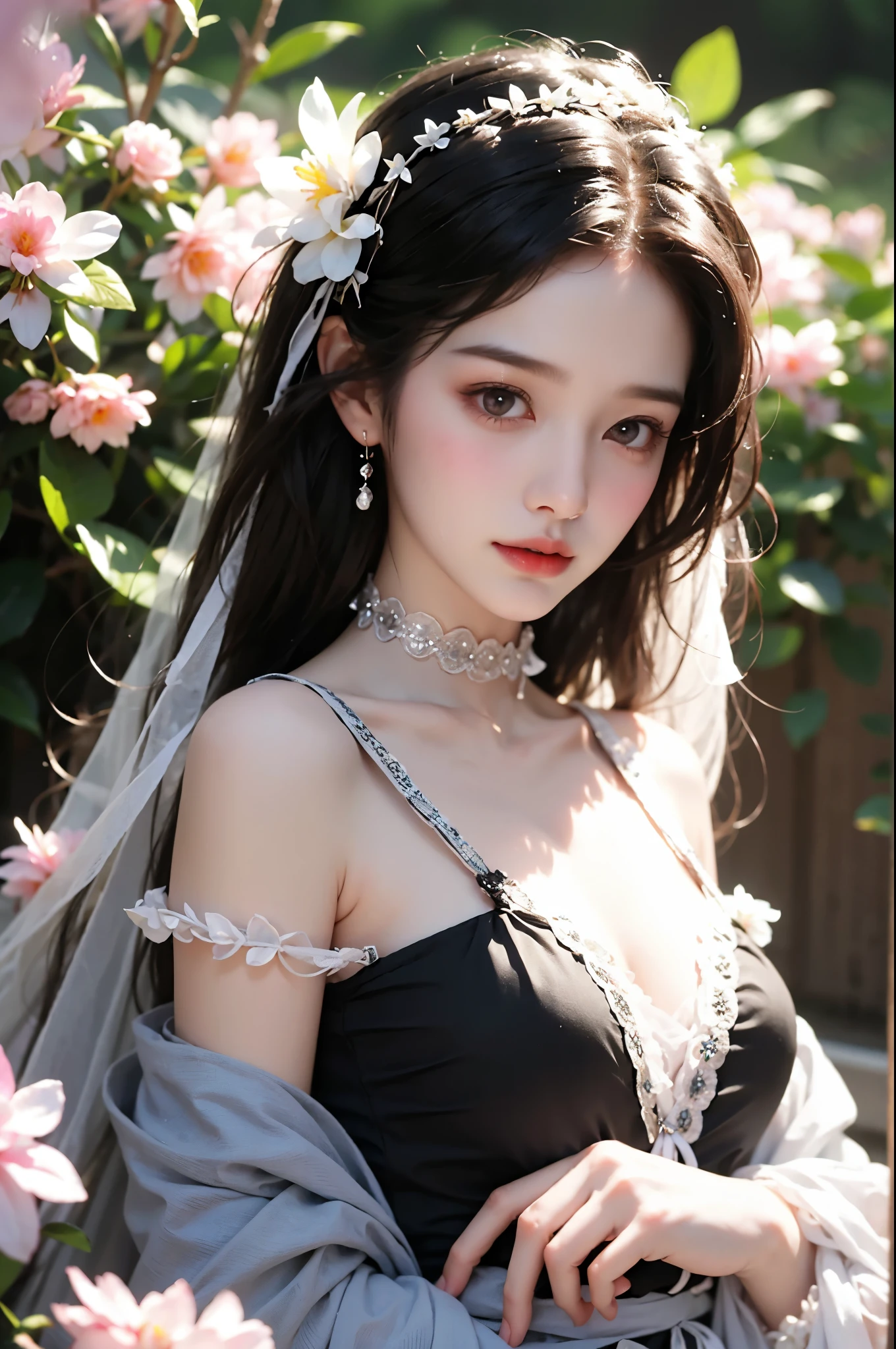 Special clothes39,maid, One hand resting on his lips、周围头发有白butterflys兰，Lilac dendrobium、orange lily、white lilies、1 girl in、fully body photo、White hair、floated hair、Hazy beauty、A plump chest, Chopping, Have extremely beautiful facial features、Hairpin on the head、Lie in the flowers、Drag your chin with both hands、perfect hand、rosette、(springtime、raining day、butterflys、precipice)、 vectorial art、Chinese contemporary art、Soft lighting、intertwined scarves、looking-down