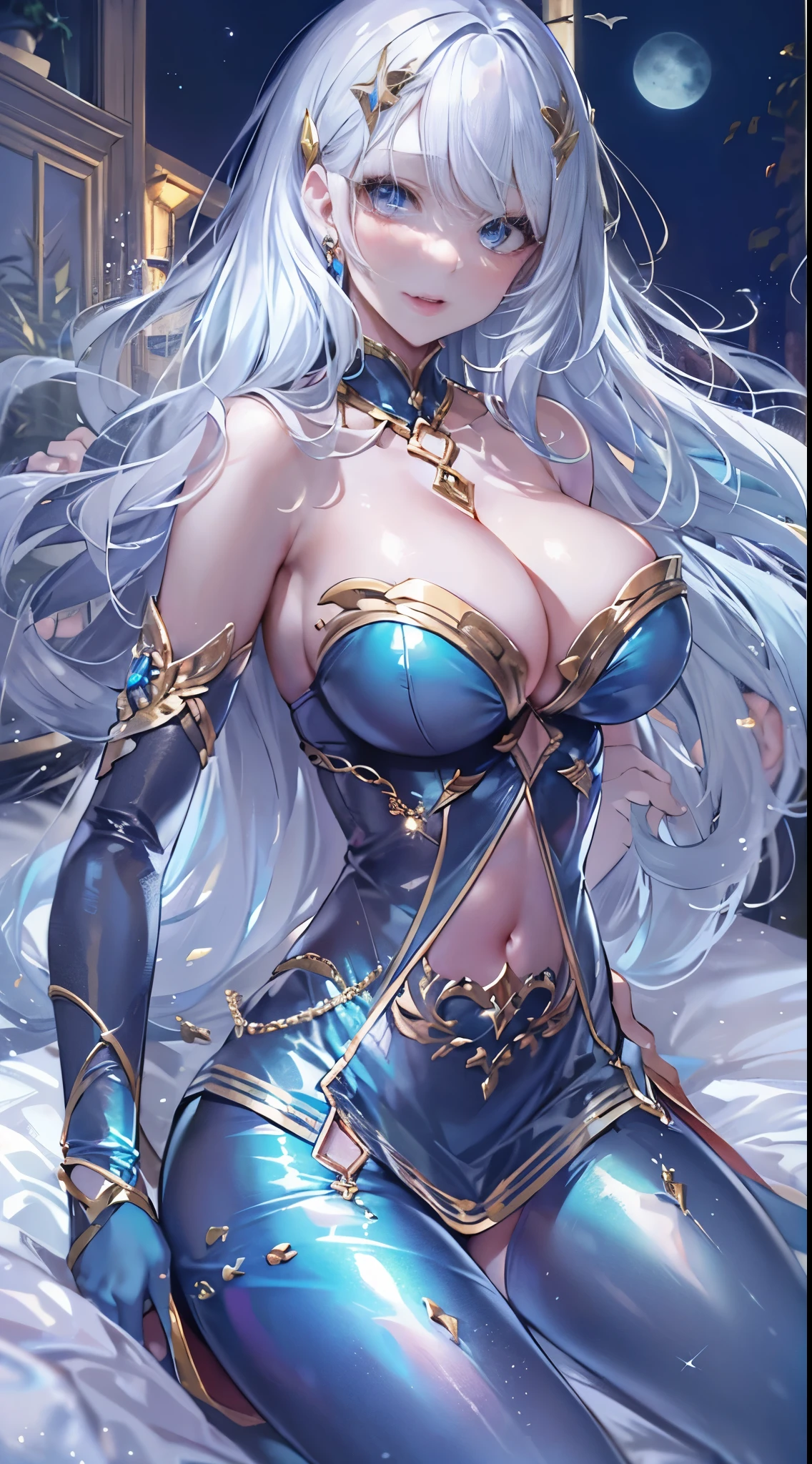 One lady,ars,((White hair) ,((())), ((Normal breasts)), (())(()),(Shiny blue bodysuit with microskirt))),,((Fantasy,Moon Night))(())