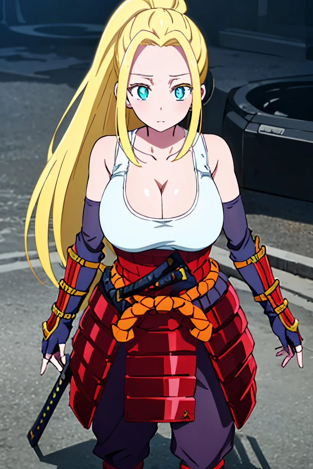 1girl,alone, beatrix amerhauser, long hair, blue eyes, blonde hair, gloves, ponytail, (huge tits),
BREAK gloves, fingerless gloves, armor, japanese armor, tank top, white tank top, cleavage, collarbone,
BREAK looking at viewer,
BREAK outdoors,
BREAK (masterpiece:1.2), best quality, high resolution, unity 8k wallpaper, (illustration:0.8), (beautiful detailed eyes:1.6), extremely detailed face, perfect lighting, extremely detailed CG, (perfect hands, perfect anatomy), (fullbody), (busty)