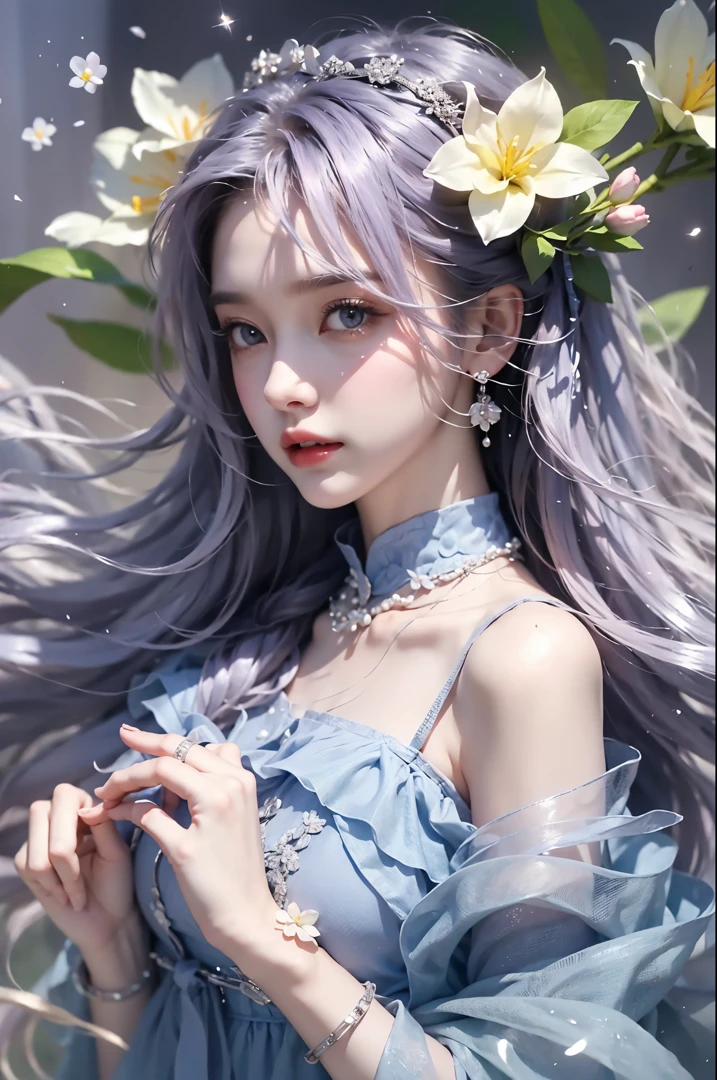 Sweet girl clothes2,pearl necklace,blue dress,flower, One hand resting on his lips、周围头发有白butterflys兰，Lilac dendrobium、orange lily、white lilies、1 girl in、fully body photo、White hair、floated hair、Hazy beauty、A plump chest, Chopping, Have extremely beautiful facial features、Hairpin on the head、Lie in the flowers、Drag your chin with both hands、perfect hand、rosette、(springtime、raining day、butterflys、precipice)、 vectorial art、Chinese contemporary art、Soft lighting、intertwined scarves、looking-down