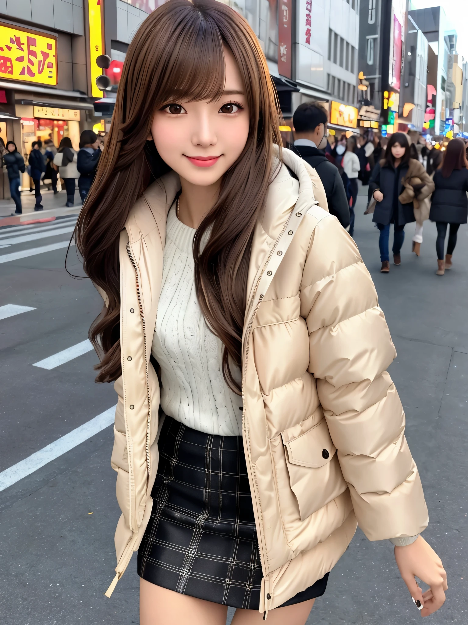 product quality, 1 girl, cowboy shot, front view, a Japanese young pretty girl, long bob hair, walking on a crowded sidewalk with a big smile in the city, white down parka over a black sweater, black miniskirt, a tote bag over her shoulder, hyper cute face, glossy lips, double eyelids for both eyes, natural makeup, shiny smooth light brown hair of long bob hair, asymmetrical bangs, high resolution, high detail, detailed hairstyle, detailed face, cinematic lighting, octane rendering, hyper realistic, perfect limbs, perfect anatomy