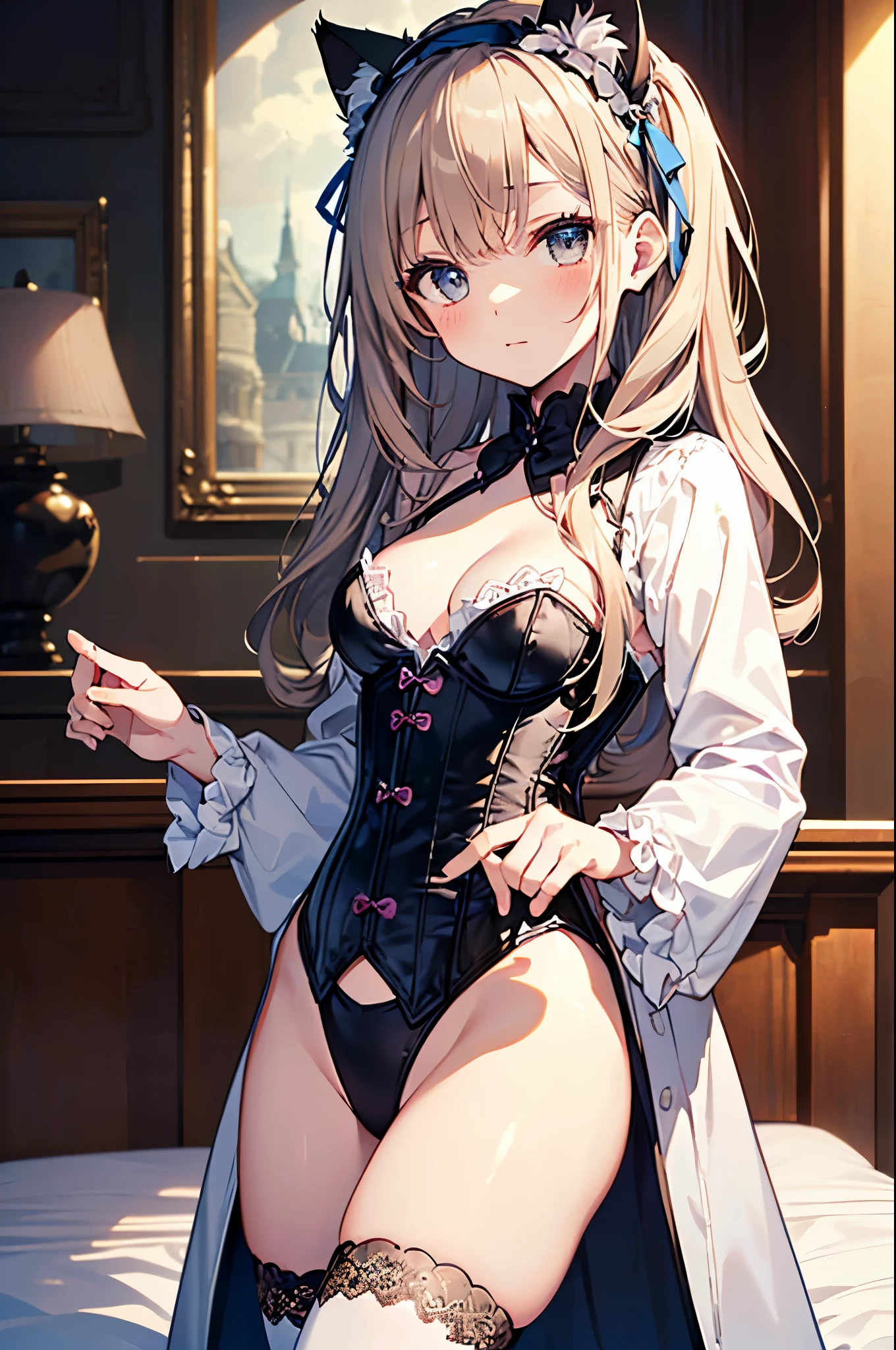 ((4k、8k、top-quality、perfect fingers: 1.3、perfect anatomia: 1.3、Background blur))、(Transformation Sequence)、((a beautiful slender girl、blushing and confused、cat ear、cute big droopy eyes、Two side up straight long hair、 girl、Small breasts))、((Blue butler suit-style leotard:1.1、corsets、long-sleeve、gorgeously decorated headband))、(highleg)、Standing、whole body display、Bedroom in an aristocratic mansion、a bed、
