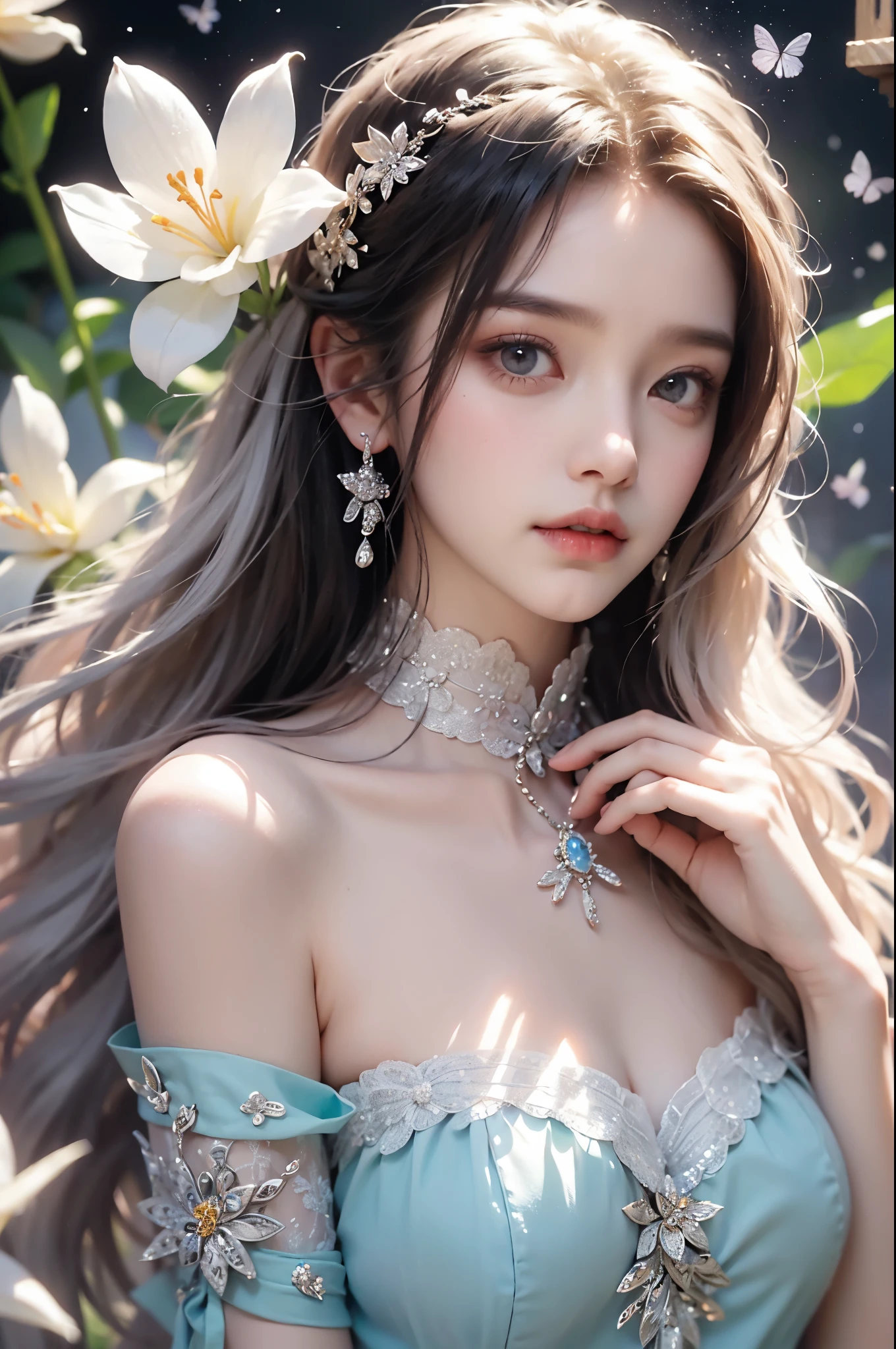 Sweet girl clothes4,strapless dress,jewelry, One hand resting on his lips、周围头发有白butterflys兰，Lilac dendrobium、orange lily、white lilies、1 girl in、fully body photo、White hair、floated hair、Hazy beauty、A plump chest, Chopping, Have extremely beautiful facial features、Hairpin on the head、Lie in the flowers、Drag your chin with both hands、perfect hand、rosette、(springtime、raining day、butterflys、precipice)、 vectorial art、Chinese contemporary art、Soft lighting、intertwined scarves、looking-down