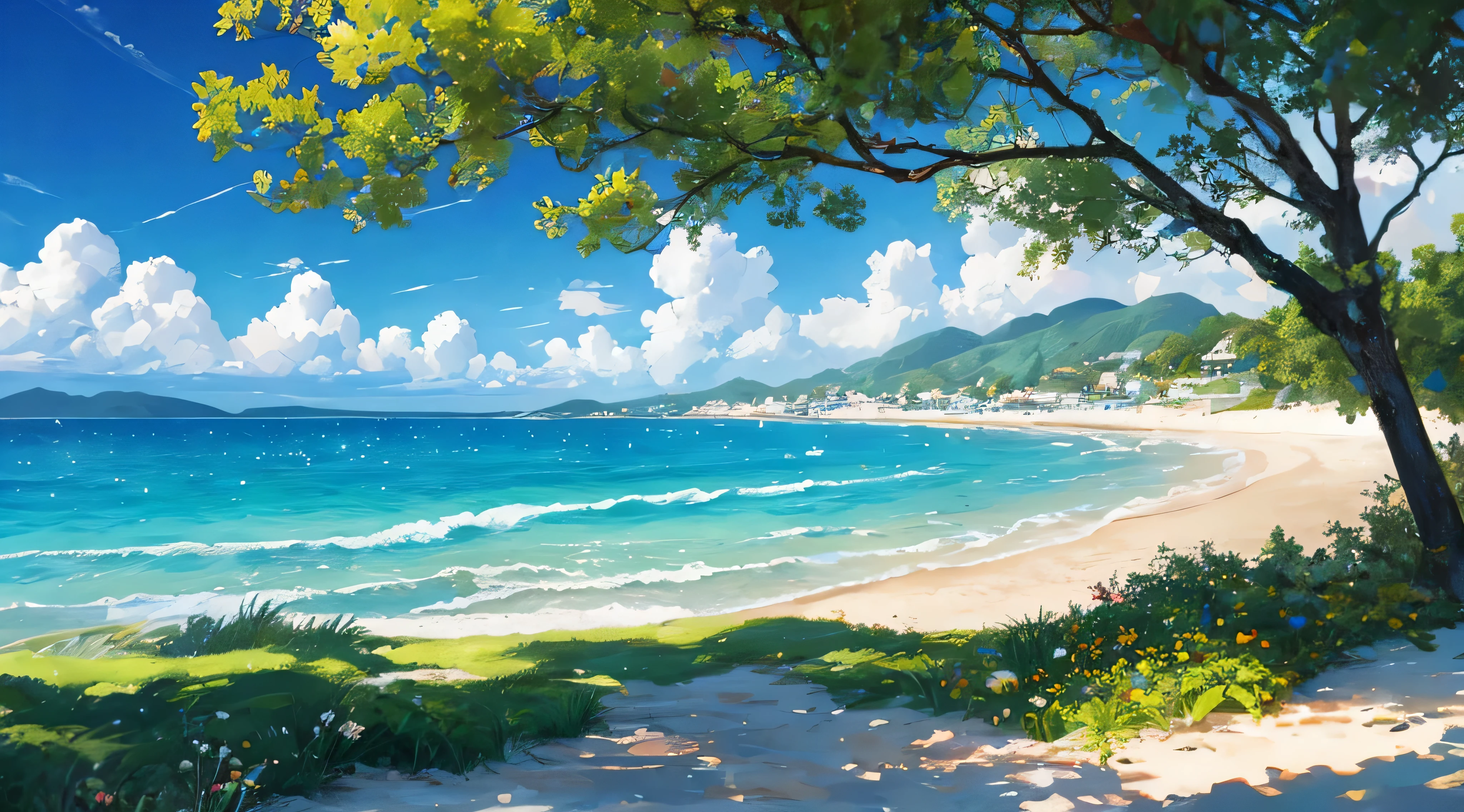 tmasterpiece，Best quality at best，Very detailed CG unified 8k wallpaper，Best Best Illustration，The best shadow，natural，Blue sea sand，and the sun was shining brightly，The line of sight runs parallel to the beach：1.15，Many umbrellas，without humans