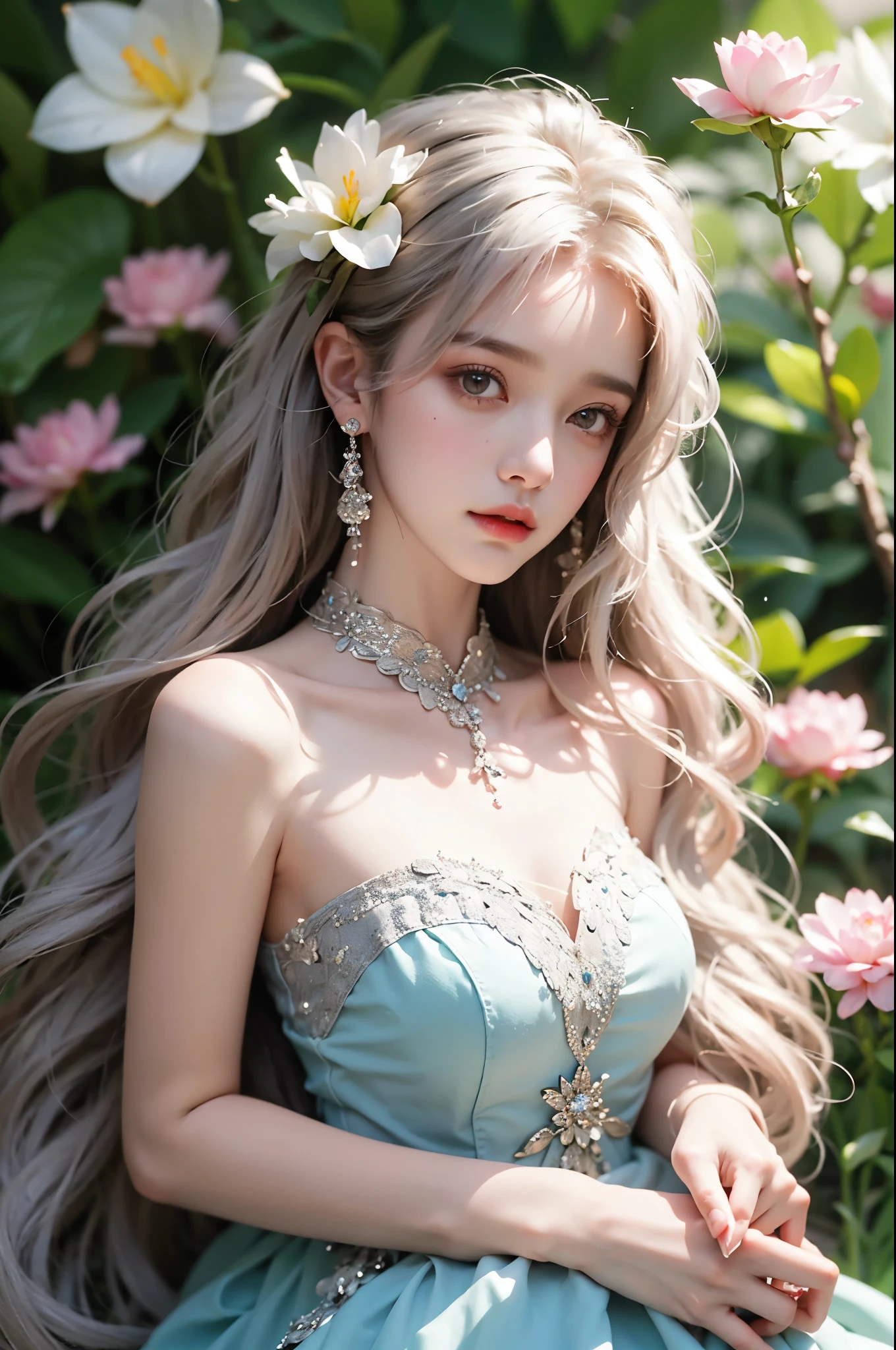 Sweet girl clothes4,strapless dress,jewelry, One hand resting on his lips、周围头发有白butterflys兰，Lilac dendrobium、orange lily、white lilies、1 girl in、fully body photo、White hair、floated hair、Hazy beauty、A plump chest, Chopping, Have extremely beautiful facial features、Hairpin on the head、Lie in the flowers、Drag your chin with both hands、perfect hand、rosette、(springtime、raining day、butterflys、precipice)、 vectorial art、Chinese contemporary art、Soft lighting、intertwined scarves、looking-down