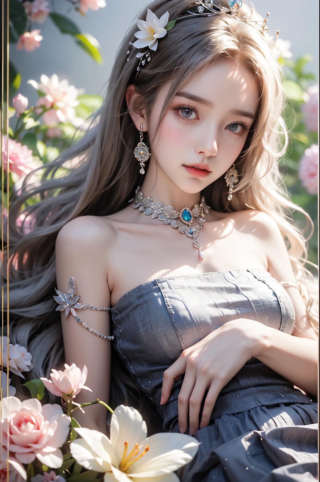 Sweet girl clothes4,strapless dress,jewelry, One hand resting on his lips、周围头发有白butterflys兰，Lilac dendrobium、orange lily、white lilies、1 girl in、fully body photo、White hair、floated hair、Hazy beauty、A plump chest, Chopping, Have extremely beautiful facial features、Hairpin on the head、Lie in the flowers、Drag your chin with both hands、perfect hand、rosette、(springtime、raining day、butterflys、precipice)、 vectorial art、Chinese contemporary art、Soft lighting、intertwined scarves、looking-down