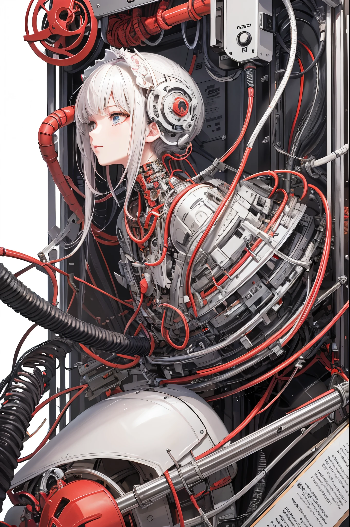 (tmasterpiece, quality, Best quality, offcial art, Beautiful and beautiful:1.2), (1 sister:1.3), The is very detailed,Colorful,The most detailed ((ultra - detailed)), (Highly detailed CG illustration), ((Extremely Delicately Beautiful)),(seen from the side),电影灯光,((1 mechanical girl)),Alone,Full body lesbian,(Machine joint:1.2),((机械肢体bloods管连接到管子 机械椎骨连接到背部),((The mechanical cervical vertebrae are attached to the neck)),(sitted),face expressionless,(wires and cables attaching to neck:1.2),(wires and cables on head:1.2)(Character focus),scientific fiction,white backgrounid,(bloods:1.5)