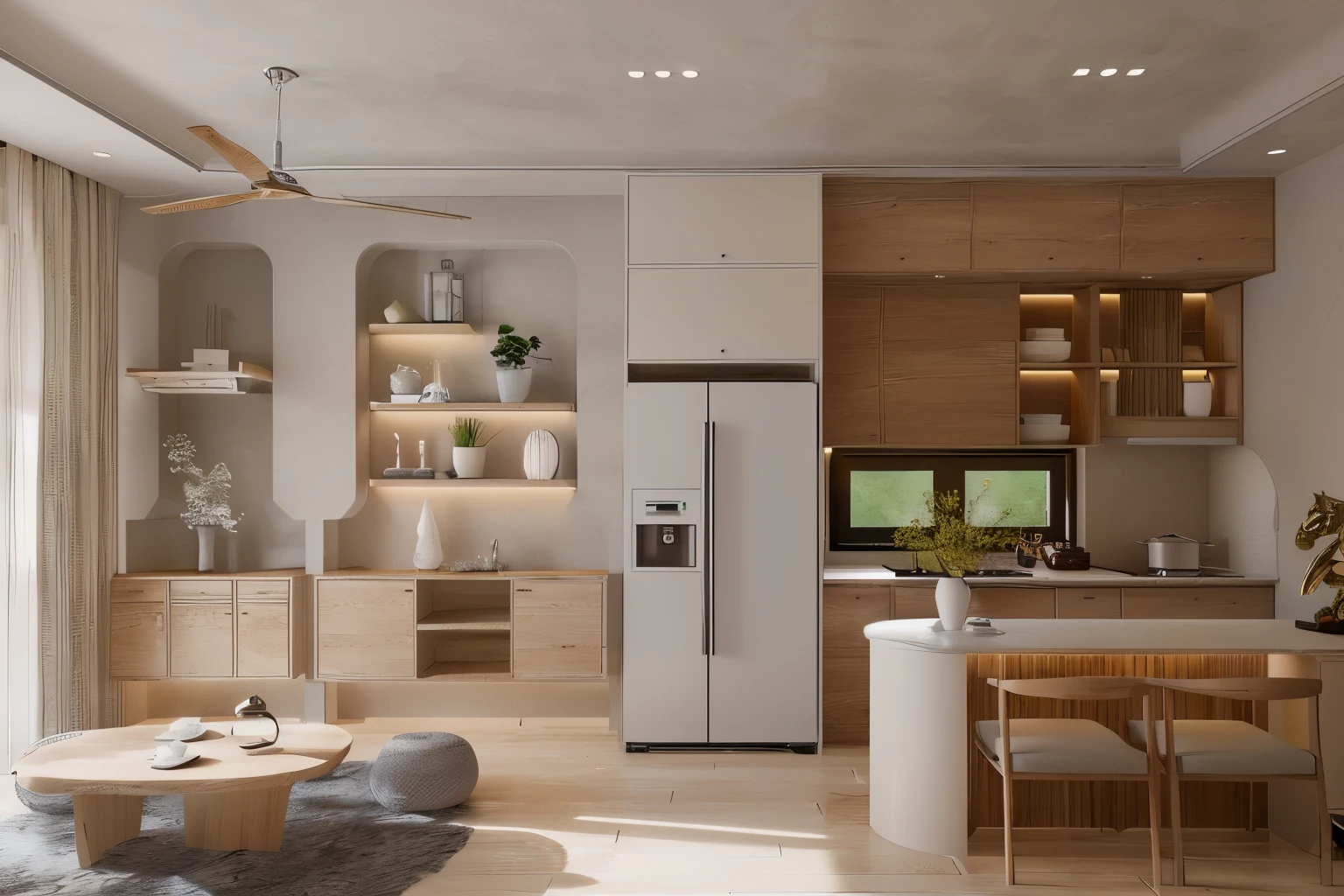 there is a kitchen with a table, chairs, and a refrigerator, excellent 3d render, rendered in unreal engine 5, rendered in unreal engine 6, unreal 5 engine highlly render, render in unreal engine 5, natural realistic render, realistic physical rendering, bright render, fresh modern style, rendered in corona, realistic 3 d style, archviz, award-winning render