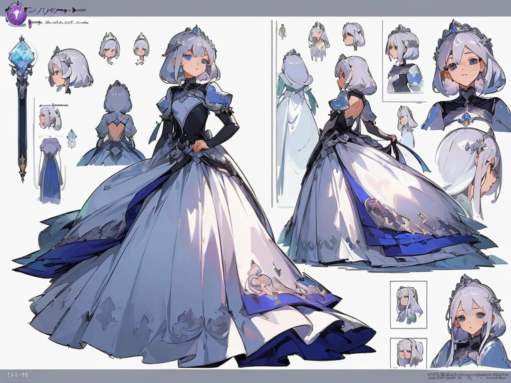 ((masterpiece)),(((best quality))),(character design sheet,same character,front,side,back),illustration,1 girl,silver hair,princess cut,hair on eyes,beautiful eyes,environment Scene change, pose too, gorgeous princess dress, magic, charturnbetalora, ( background, white background: 1.3)