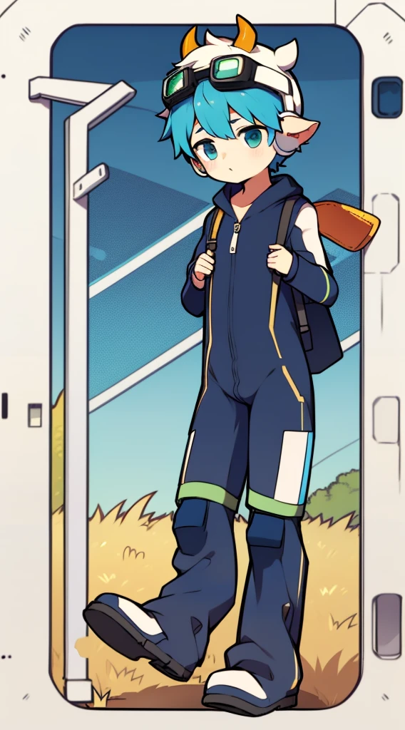 Two-dimensional boy Shota,One-piece hiking suit,Slim, Healthy body,Wear the headphones on your head,The stands up,protective goggles,cow horn