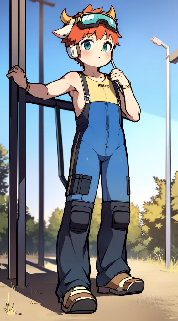 Two-dimensional boy Shota,One-piece hiking suit,Slim, Healthy body,Wear the headphones on your head,The stands up,protective goggles,cow horn