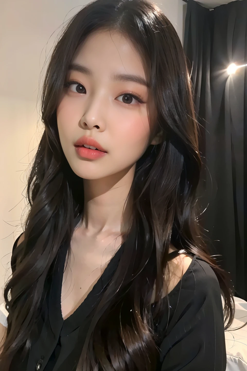 Un primer plano de una mujer con cabello largo con una blusa negra, maquillaje coreano popular, ulzzang, Hermosa mujer surcoreana, Joven y adorable rostro coreano, maquillaje popular de Corea del Sur, Chica coreana, Hermosa joven coreana, Hermosa joven coreana, Wan adorable cara coreana, Beautiful aesthetic face, chica linda-fina-cara, Korean symmetrical face